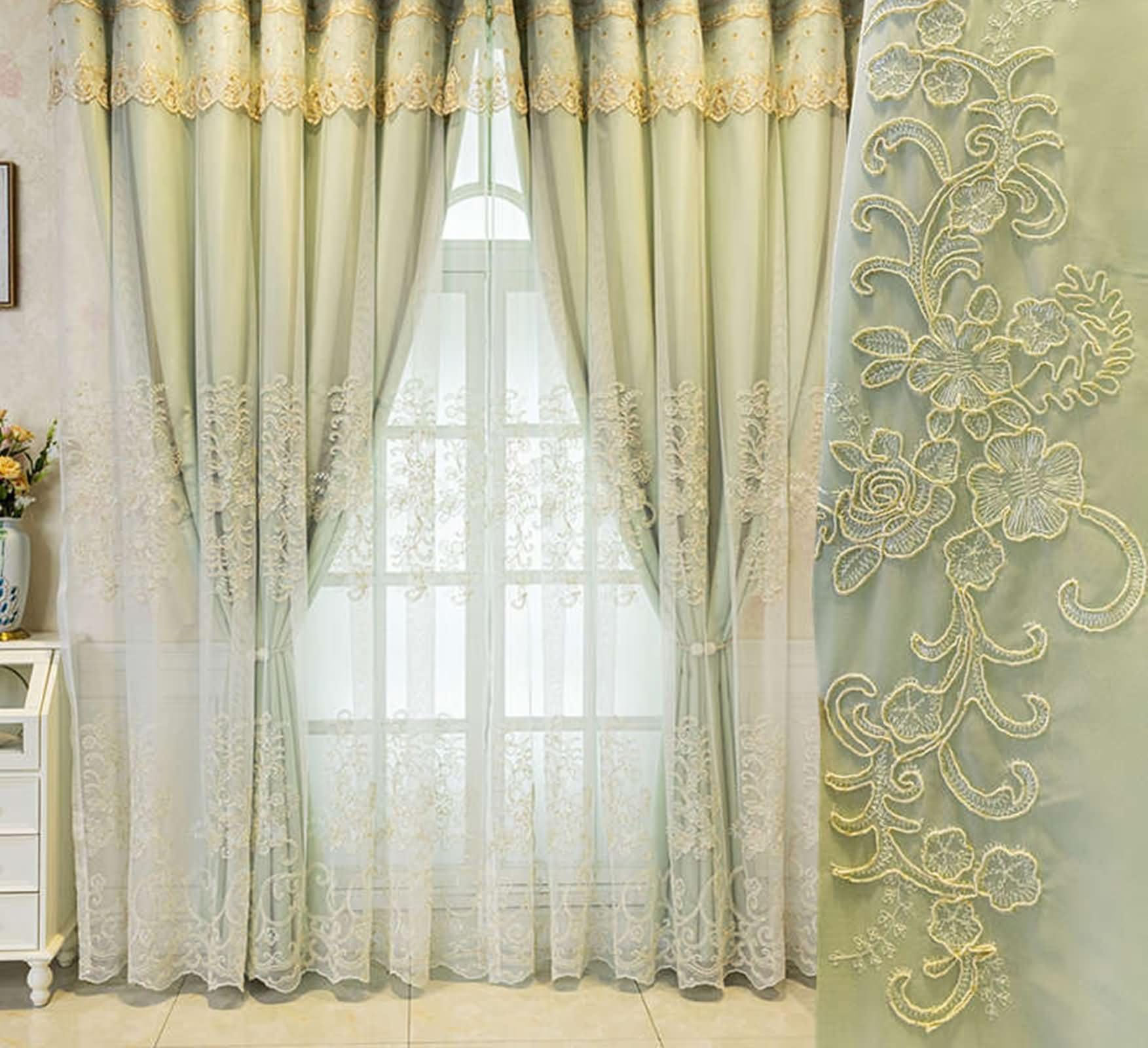 Tenda Oscurante Finestra, 132x115cm Ricamo in pizzo doppio strato Tenda oscurante per l'oscuramento della stanza, Pleat Hook, Verde