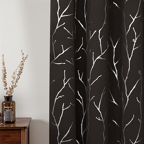 Miniatura 6 de BUHUA Cortinas plateadas con diseño de rama de árbol, 72 pulgadas de largo, con aislamiento térmico, oscurecimiento y opacas, para sala de estar y