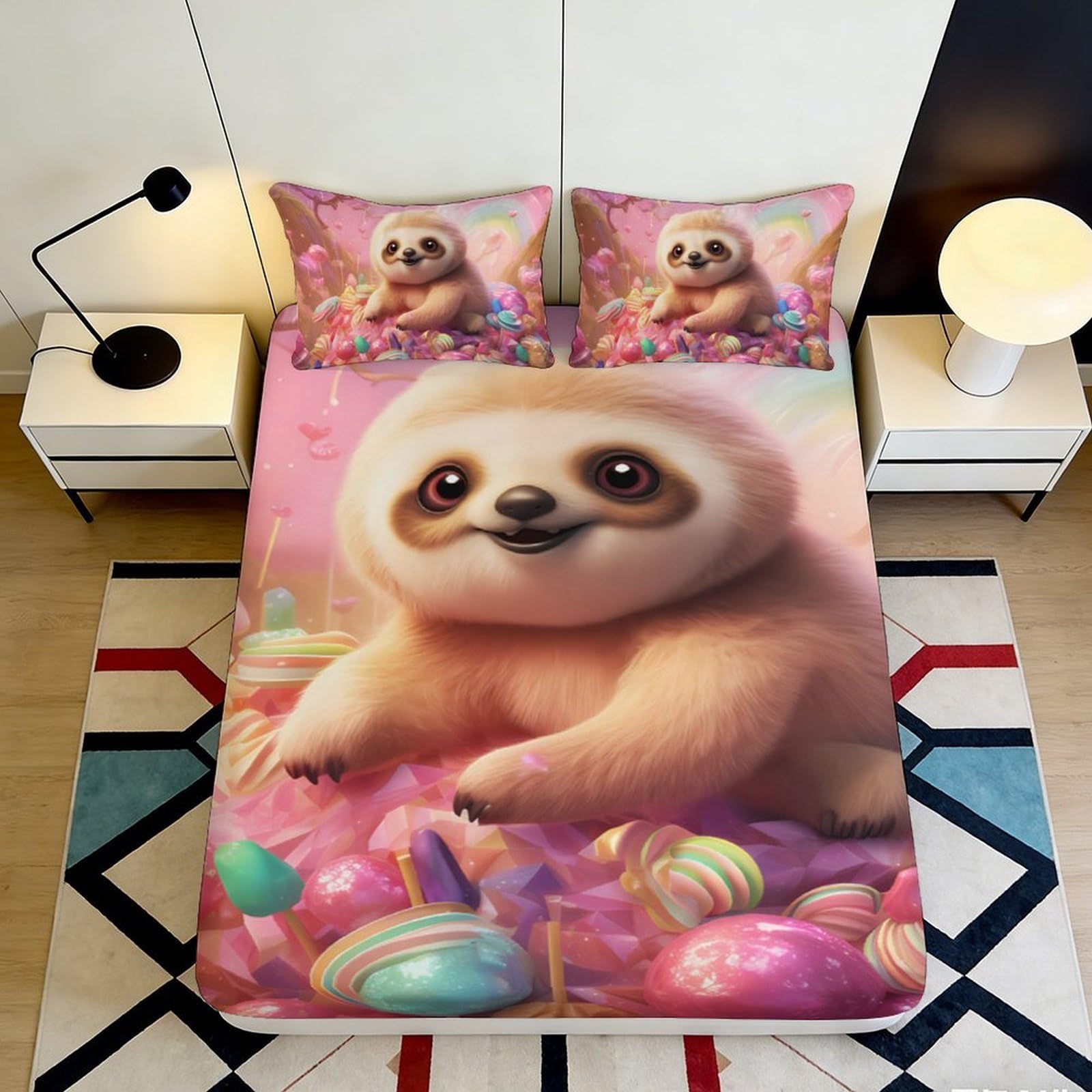 Decor style pink sloth Fitted Sheet, soft touch Microfiber, 3D Printed, wrinkle resistant, guest room bedding, easy care, dustproof 180x200x25cm