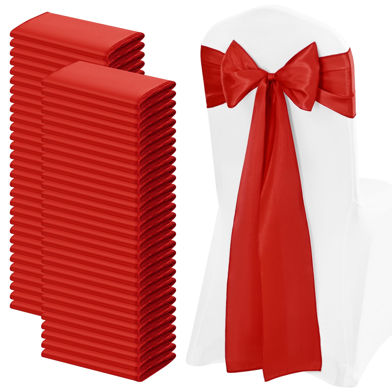 FXKS 100 PCS Satin Chair Sashes Red Bows Sashes for Chair Covers, Washable Reusable Chair Cover Back Tie Supplies for Wedding Reception Christmas