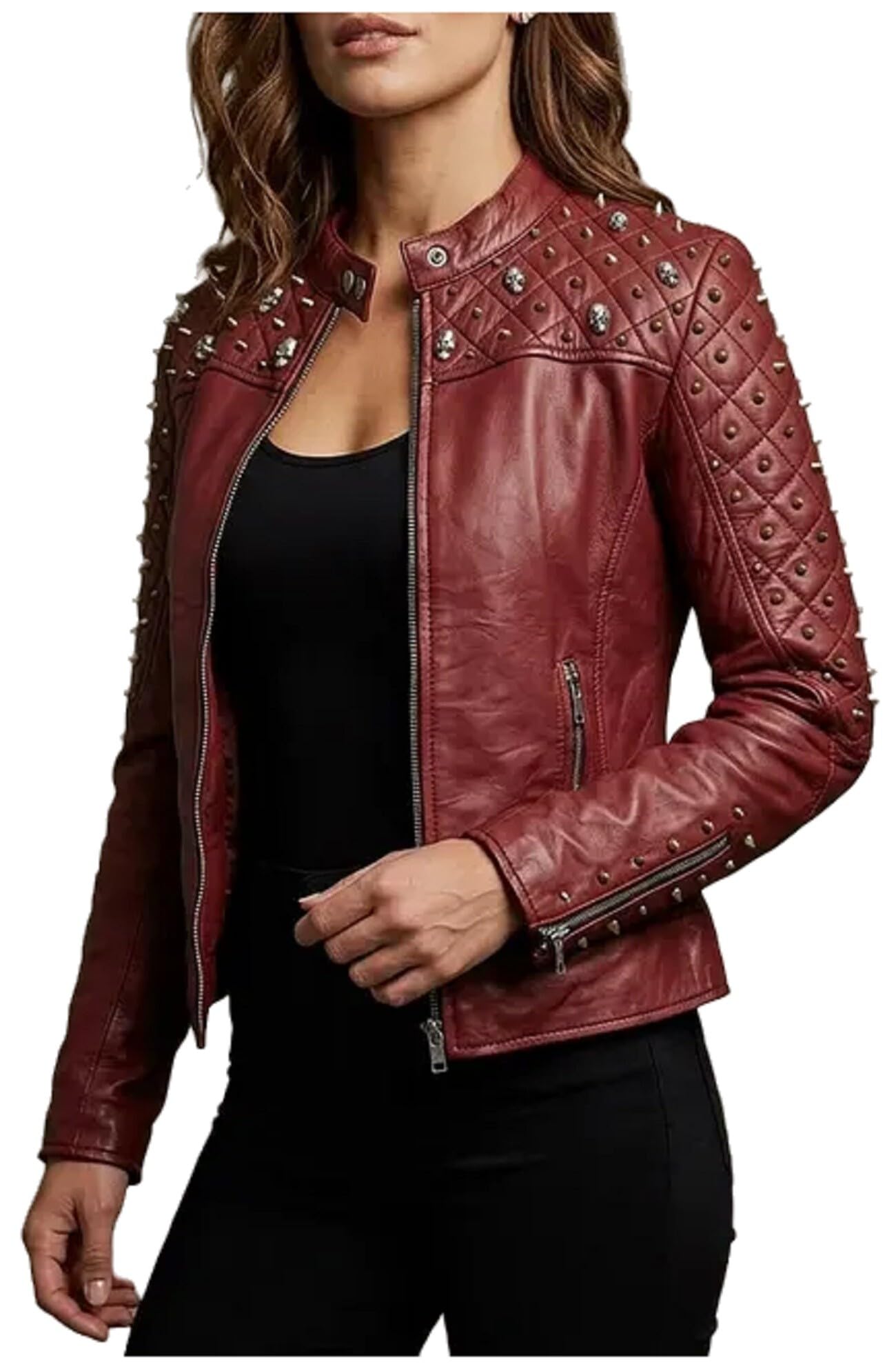 Chaqueta de motociclista de cuero clásica roja con tachuelas para mujer, estilo Moto Punk acolchada con detalles de pinchos
