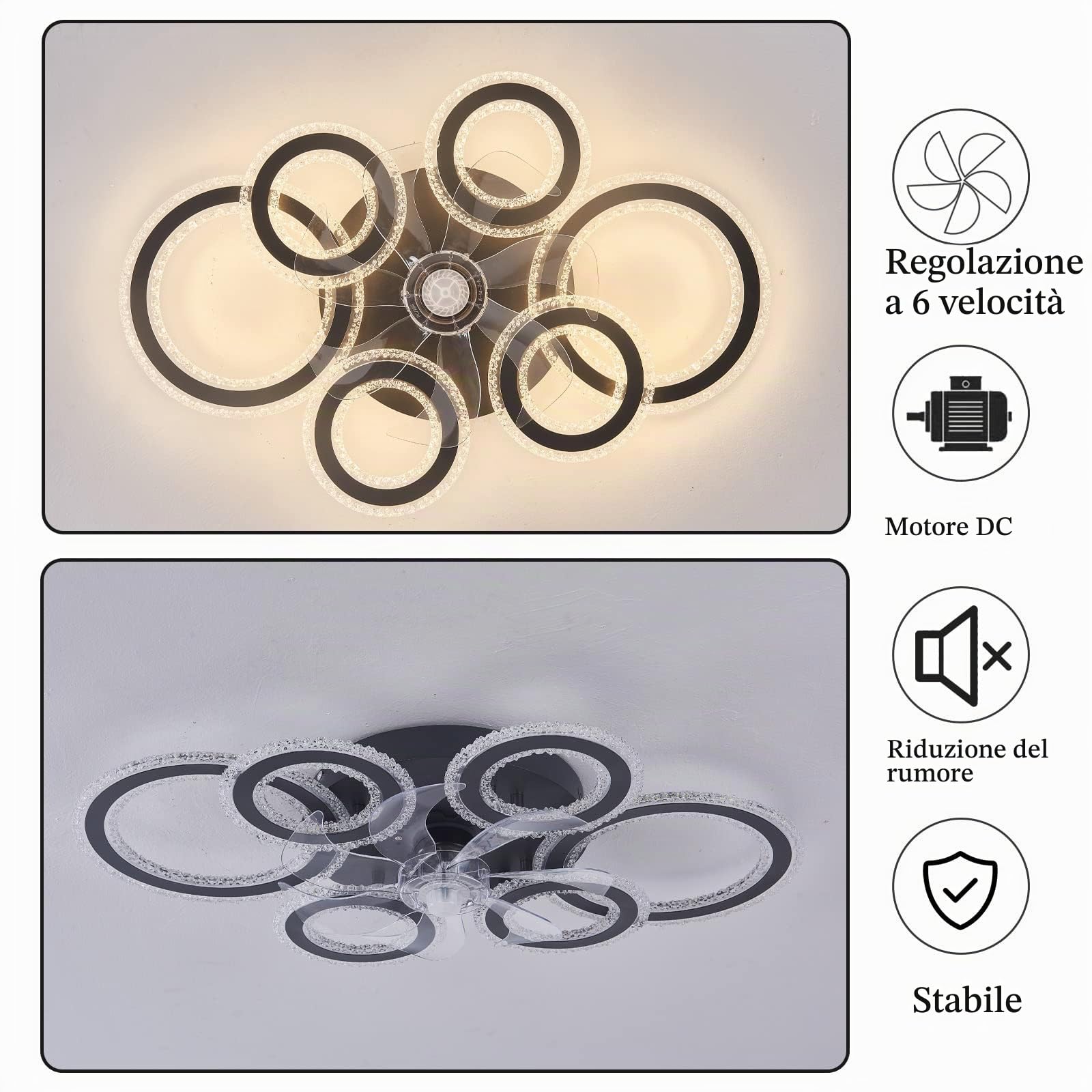 YUNZI Ventilatore Da Soffitto Con Luce E Telecomando, 76CM Lampadari Ventola, Con Luce LED Dimmerabile Per Soggiorno, 6 Velocità, 6 Luci, Reversibile DC Plafoniera Con Ventilatore-White