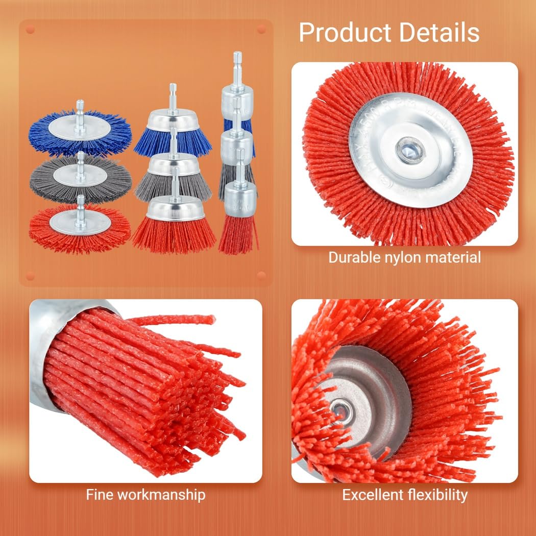 9-Pack Nylon Abrasive Wire Brush Wheels For Drill, 3 Size Set With 1/4 Shank, Includes 80, 120, 240 Grit For Rust And Paint Removal