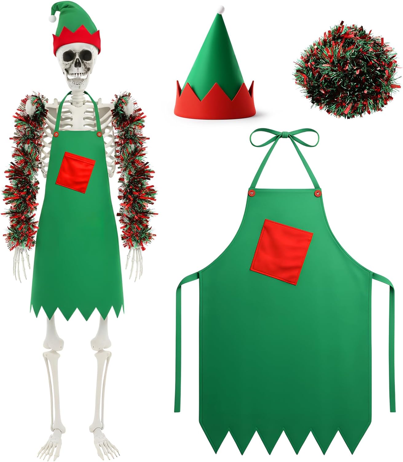 Skicuff Christmas 12 ft Skeleton Elf Outfits Set Giant Christmas Skeleton Elf Costume Accessories Includes Apron, Hat and Red Green Garland for Xmas Festival Holiday Garden Outdoor Decoration