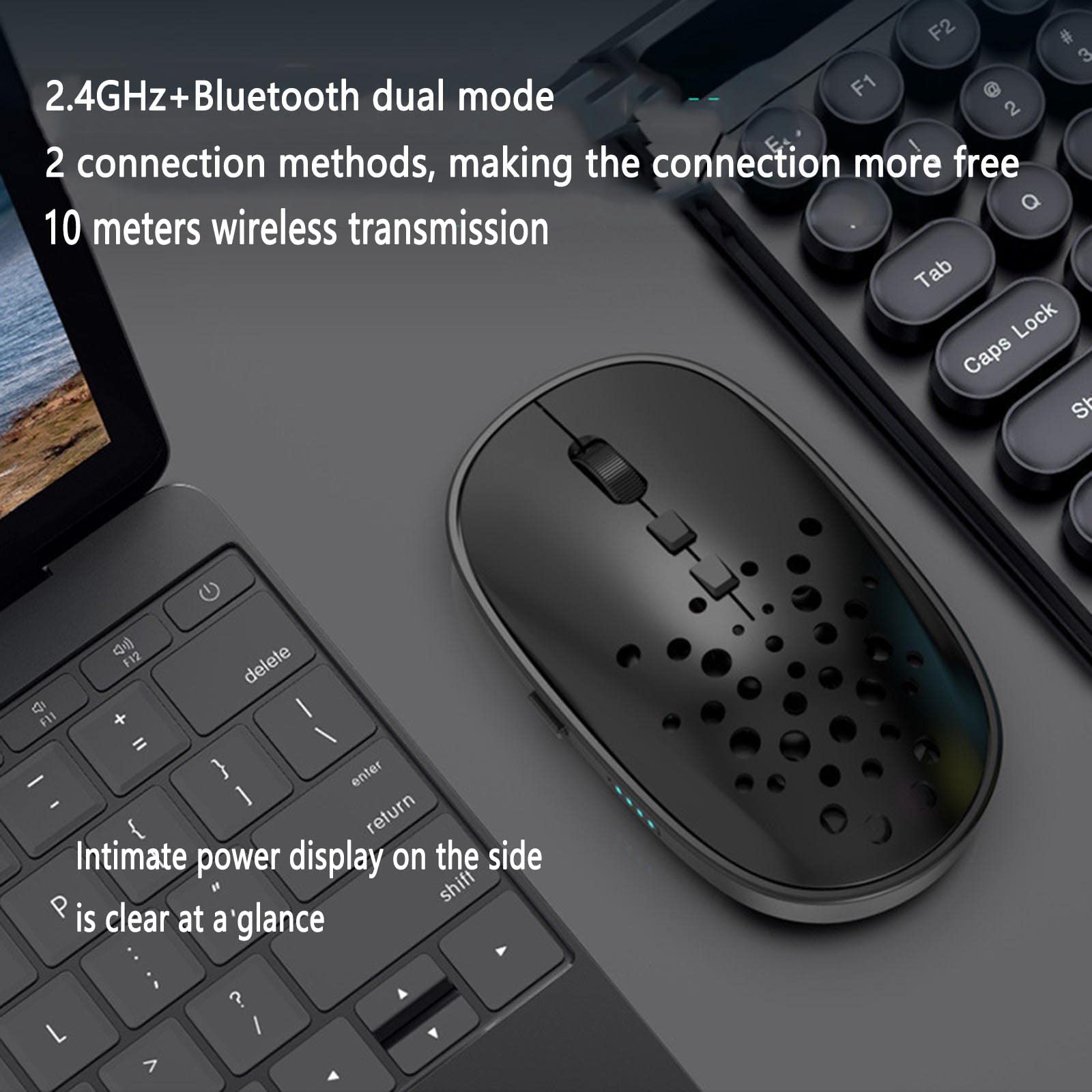 Mysz Bezprzewodowa mysz komputerowa do laptopa USB do gier Bluetooth ergonomiczna mysz urządzenie wskazujące wyświetlacz mocy akumulatorowy wyświetlacz mocy 3 biegi regulowana DPI 2,4 GHz(Schwarz)