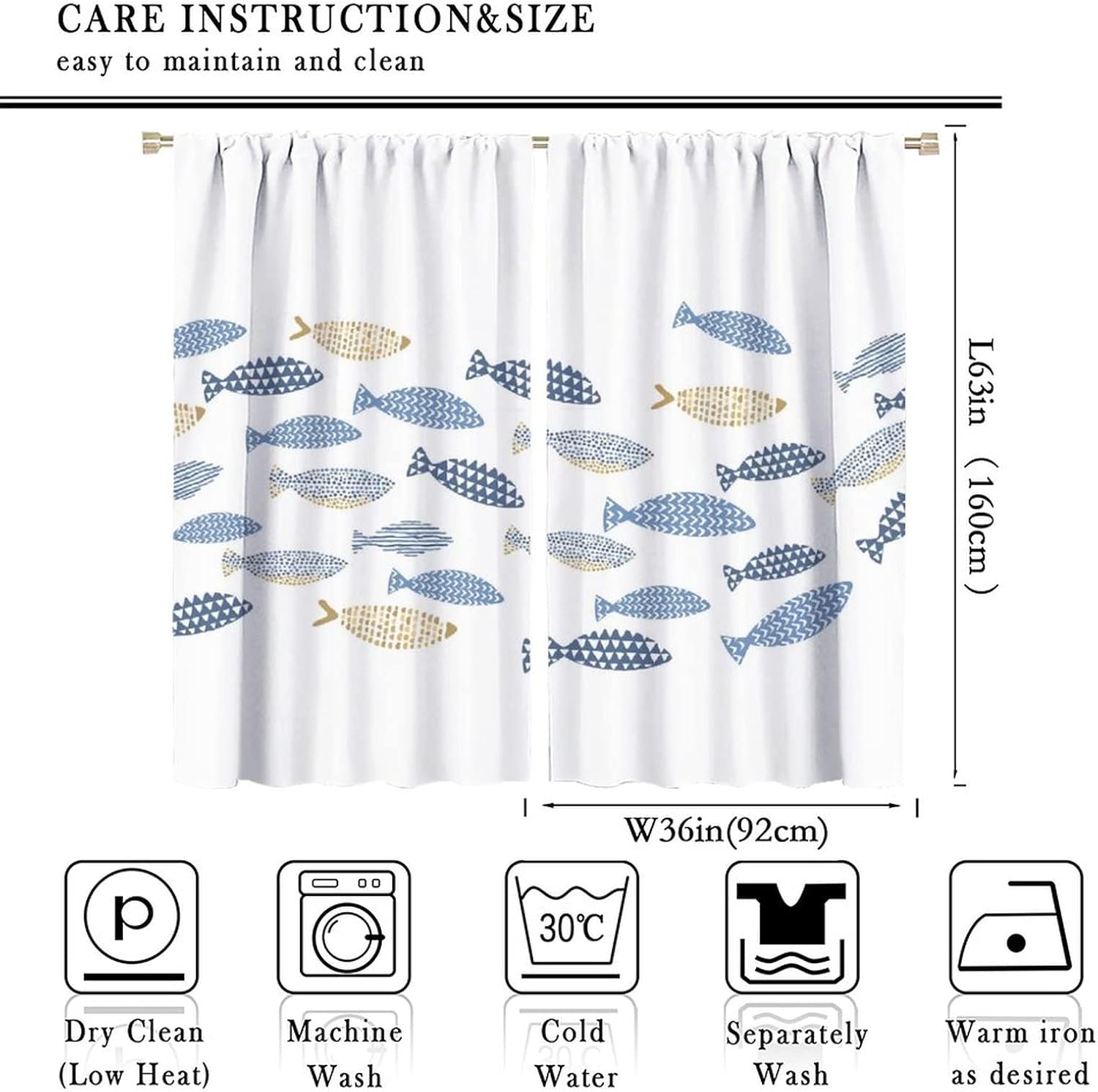 Abstract Swiming Fish Blackout Curtains,Funny Cartoon Ocean Theme Wildlife Fish Geometric Design Window Curtains Rod Pocket Thermal Insulated Room Darkening Blackout Curtains 2 Panels 63L x 36W