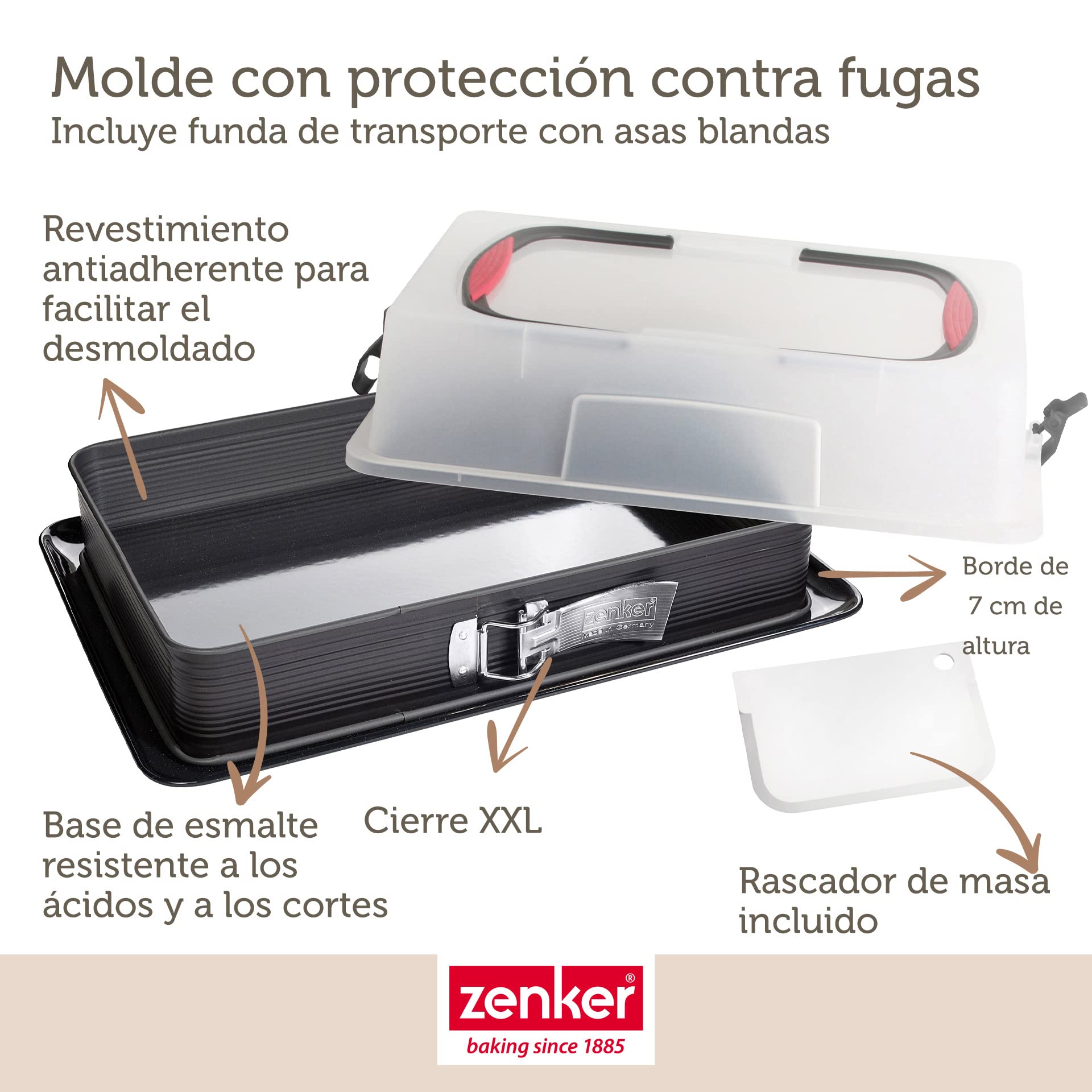 Zenker Set de Repostería, incluye Molde de Hornear Rectangular Desmontable con Tapa 43x29x10 cm, Espátula de Silicona y Pincel de Silicona Brocha 5 cm, Juego de Repostería para Tartas y Bizcochos