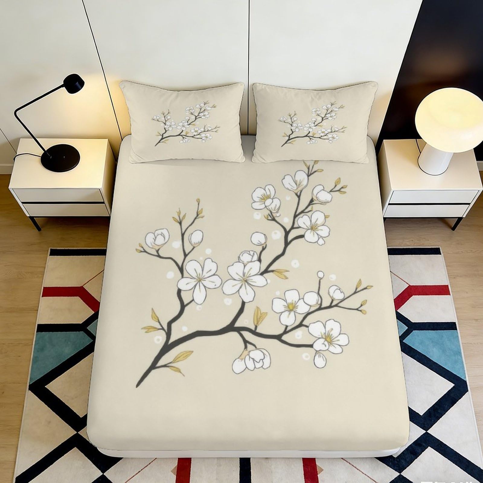 3D Printed Magnolia Blossom Fitted Sheet Microfiber Anti-Slip Bedroom Decor Plum Branch Mattress Cover Machine Washable 90x200x25cm
