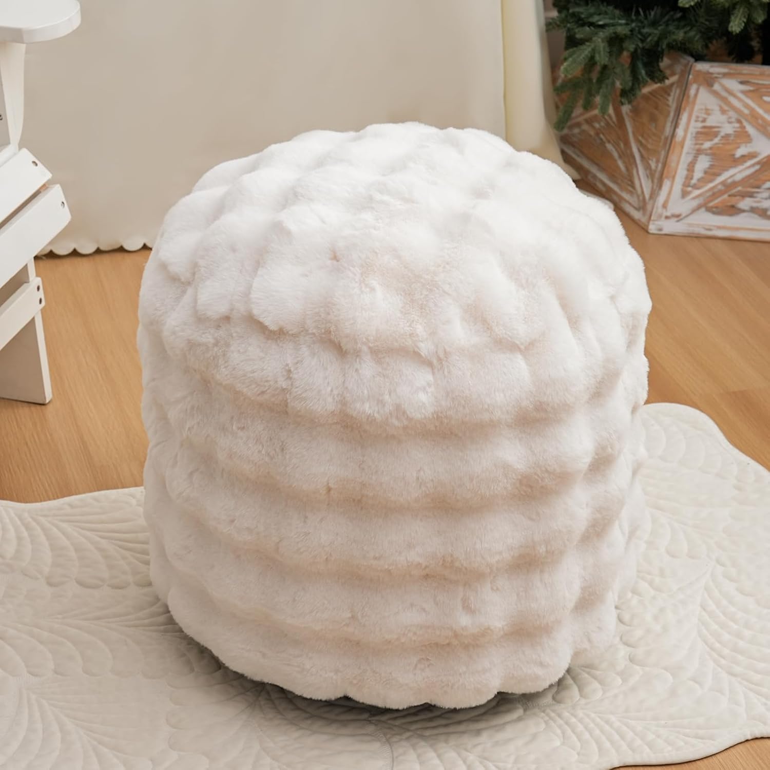 Round Stuffed Pouf Ottoman with Foam Chunk Filling, Furry and Fluffy Pouf Foot Stool Storage Ottoman, 20 X 15 Floor Poufs Foot Rest for Living Room Bedroom Home Decor, Beige