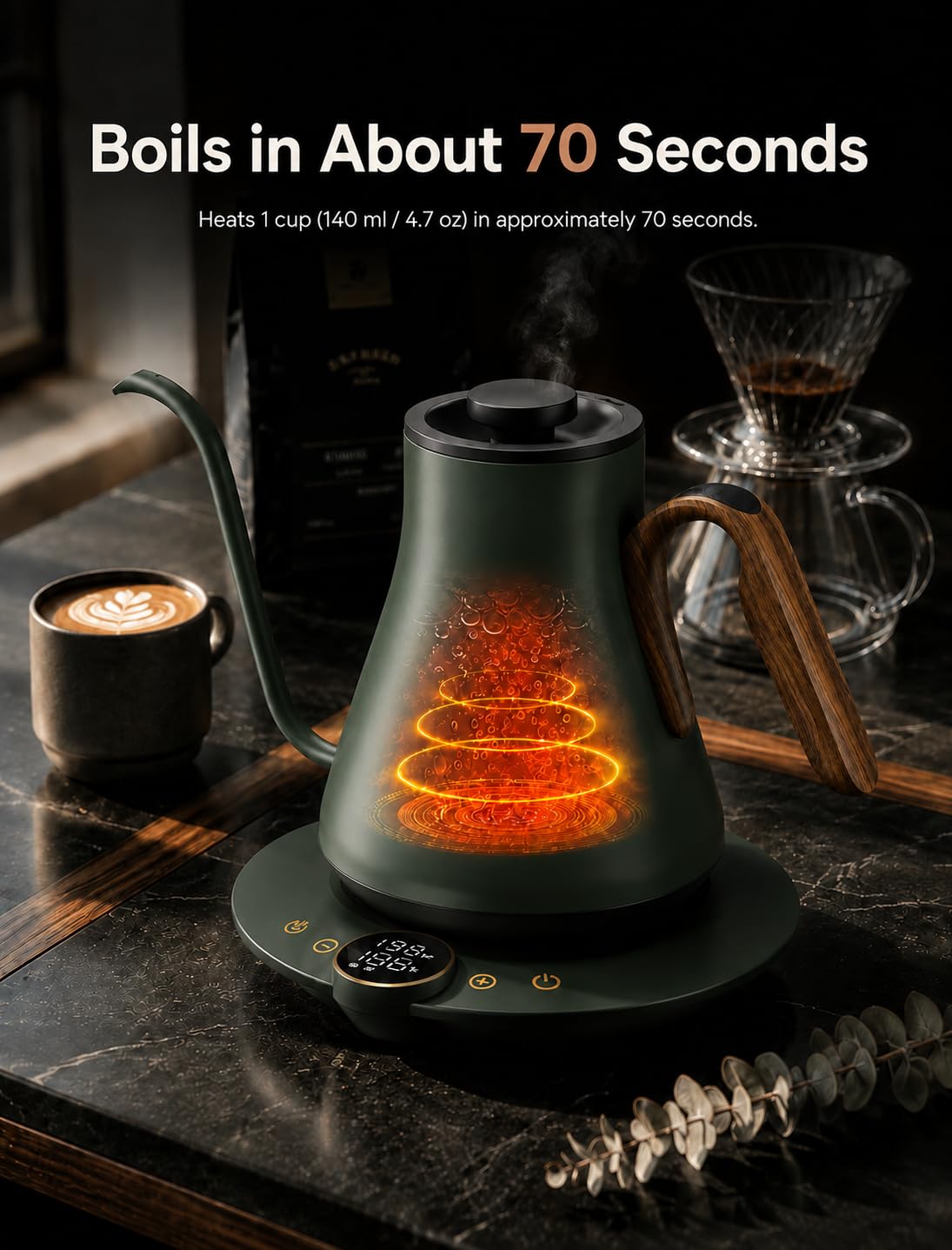 Cocinare FLOW B9 Bollitore elettrico a collo d'oca, controllo preciso della temperatura per versare caffè e tè, interno in acciaio inossidabile, riscaldamento rapido per acqua bollente, 0,9 l, verde