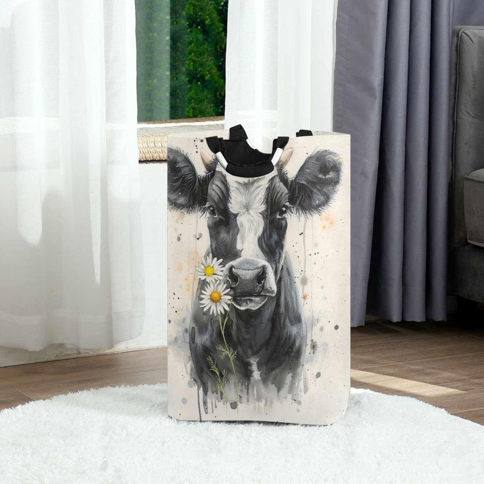 Jihqo Laundry Hamper Basket Watercolor Farm Cow Collapsible Nursery Storage Bin Waterproof Clothing Baskets for Home Bedroom Bathroom Washing Room