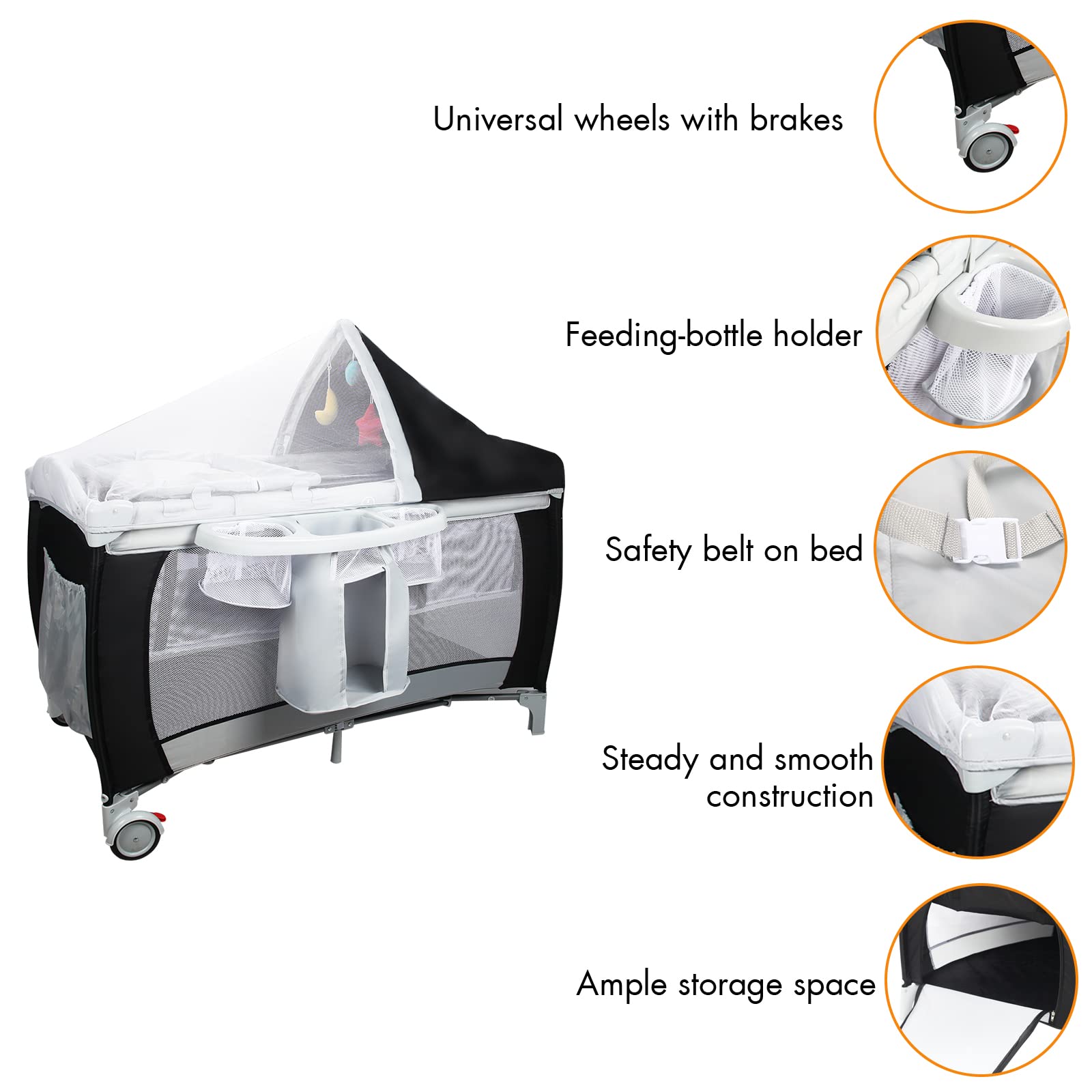 LIFEZEAL Lettino Pieghevole 3 in 1 con Materasso e Fasciatoio, Culla da Campeggio con Zanzariera, Cestino Portaoggetti e Borsa per il Trasporto, Ingresso Laterale per Bambini 0-36 Mesi (Black)