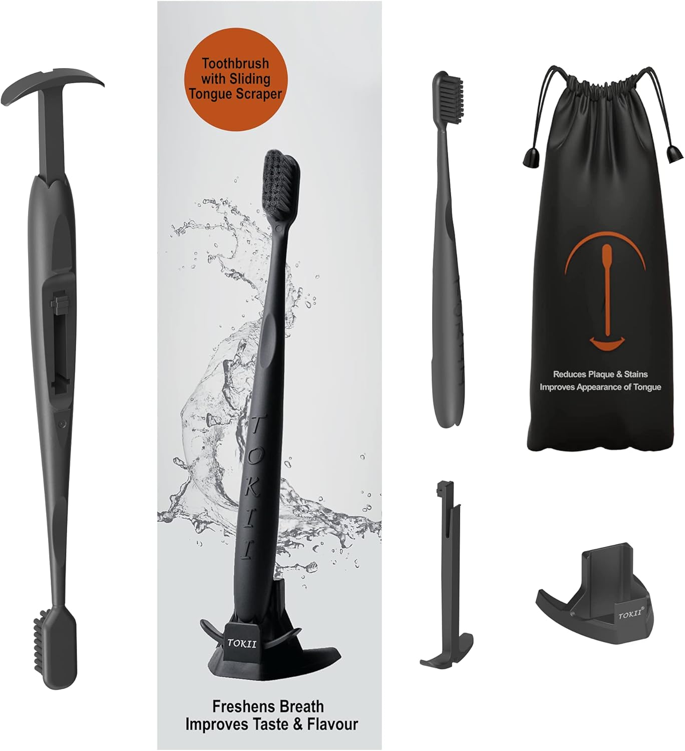 TOKII Tongue Scraper Toothbrush for Adults – Charcoal Soft Bristle Toothbrush with Built-in Tongue Cleaner, Bad Breath Control, Travel Size Toothbrush with Waterproof Pouch (Black, Pack of 1)