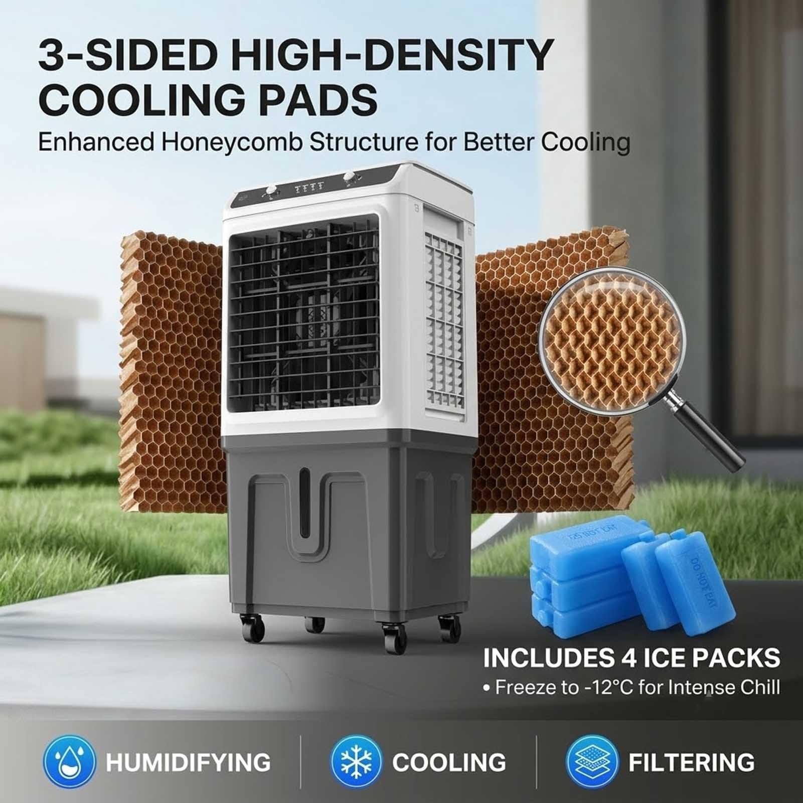 Tragbarer Verdunstungskühler 40L Ventilator | Mit automatischer Befüllung|180W Motor|3 Geschwindigkeiten Oszillation|für Gewerbe Industrie Außenbereich
