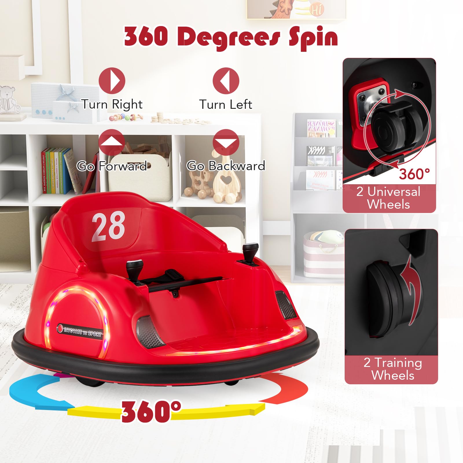 SOARS Autoscontro Elettrico per Bambini 6V, Macchina Elettrica per Bambini Rotante a 360°, Telecomando 2,4G, 2 Modalità di Controllo, Clacson e Musica, Carico 25 KG, 18 Mesi+ (Rosso)