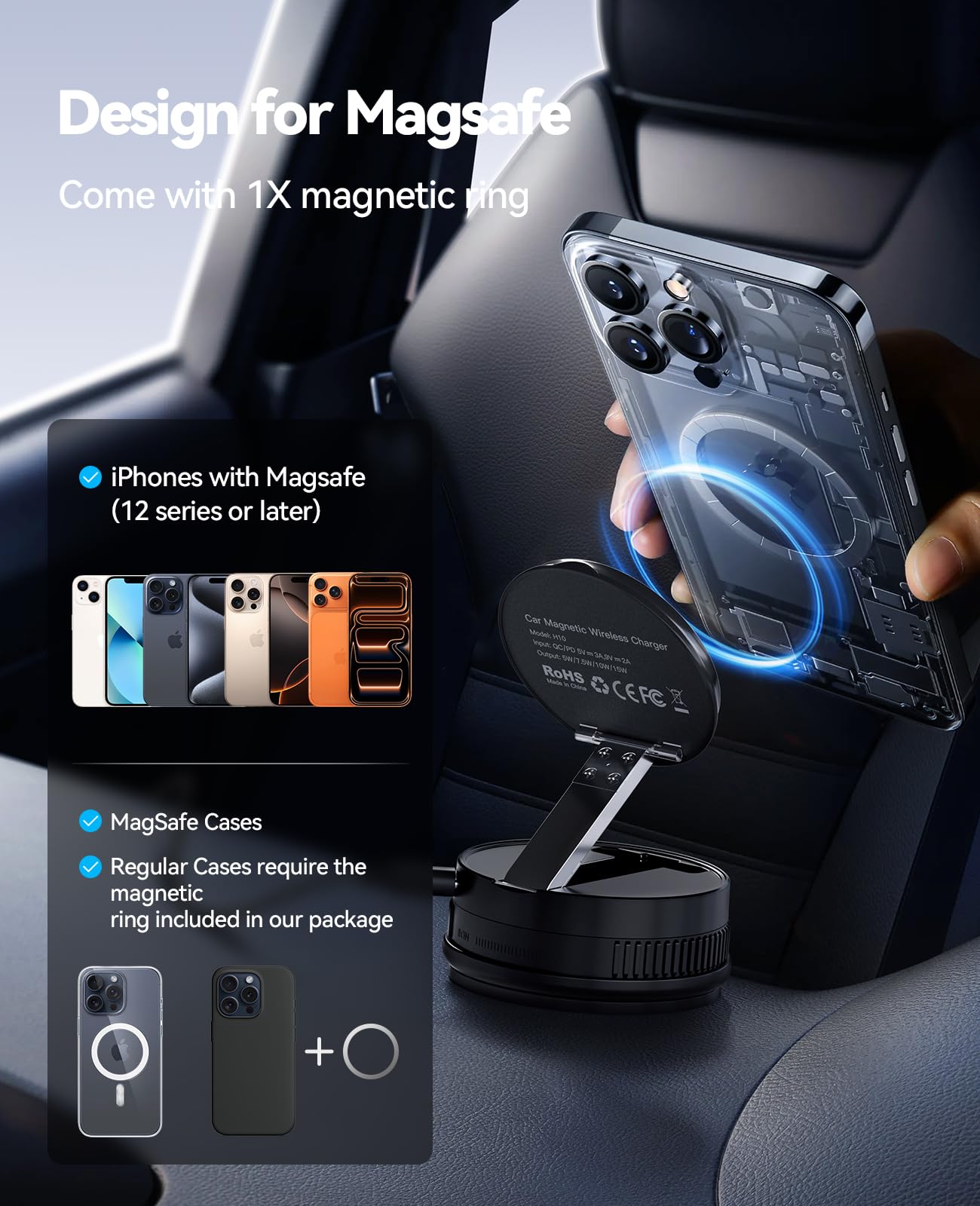 QUZUDN Cargador de coche para iPhone 17-12, soporte de teléfono de carga inalámbrica rápida de 15 W, succión fuerte de 120 libras y magnético de 2800 gf, soporte de cargador de coche giratorio de 360°