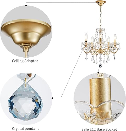 Miniatura 3 de ANJIADENGSHI Mini candelabro de cristal K9 dorado para sala de estar, dormitorio, comedor, isla de cocina, 5 bombillas E12 de alto 16.5 pulgadas de