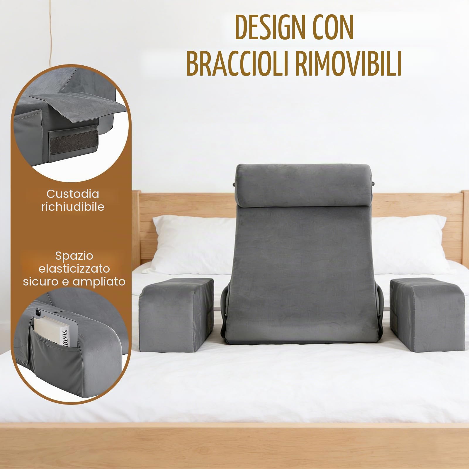 Cuscino da lettura per letto e divano, cuscino per la schiena con rullo per il collo e il bracciolo rimovibili, per adulti, cuscino di supporto per la schiena, multifunzione, per leggere