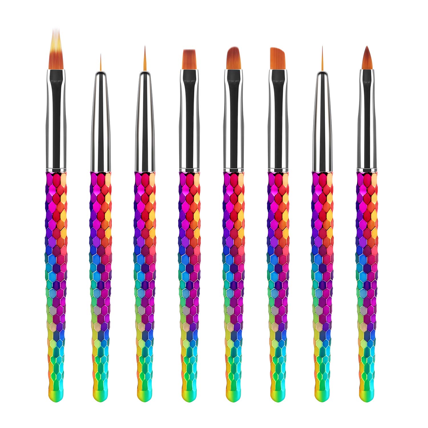 JMEOWIO 8PCS 3D Nail Art Brushes Set Colourful Nail Liner Ombre Brush Nail Painting Design Pen Brushes Acrylic Rainbow Honeycomb Handles Nail Art Pens for Nail Art Salon DIY