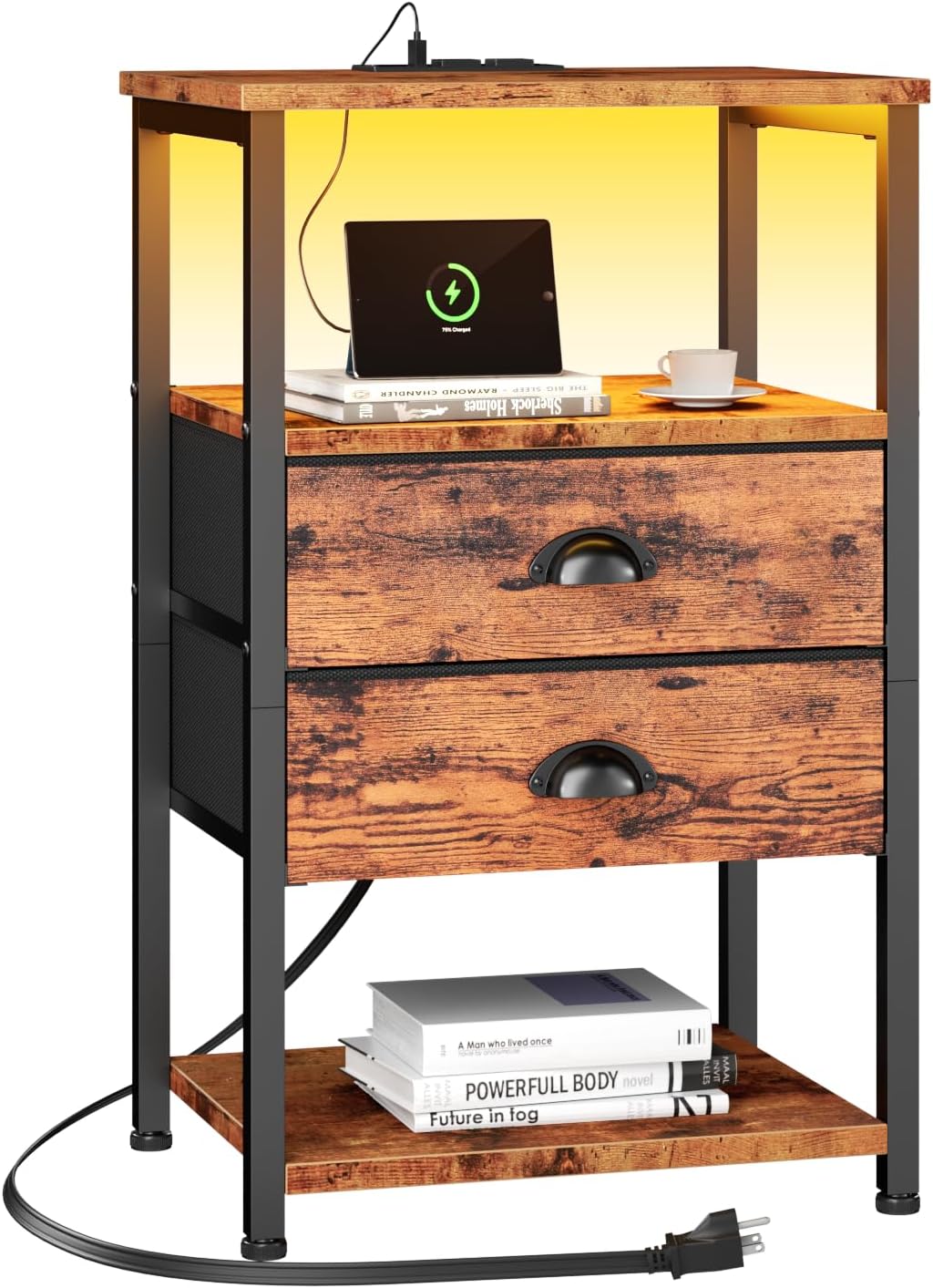Furologee Nightstand with Charging Station, LED Night Stand with 2 Fabric Drawers, 3-Tier Storage Side Table with USB Ports & Outlets, End Table with Shelves for Lving Room/Bedroom