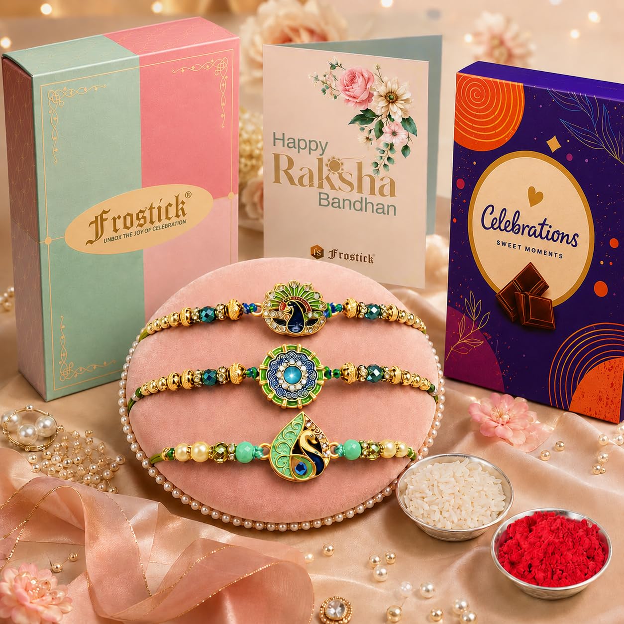 Frostick Rakhi Gift Combo for Brother – Pack of 3 Rakhis, Cadbury Celebrations 50 pack, Roli Chawal & Greeting Card | Raksha Bandhan Hamper for Men-image-39