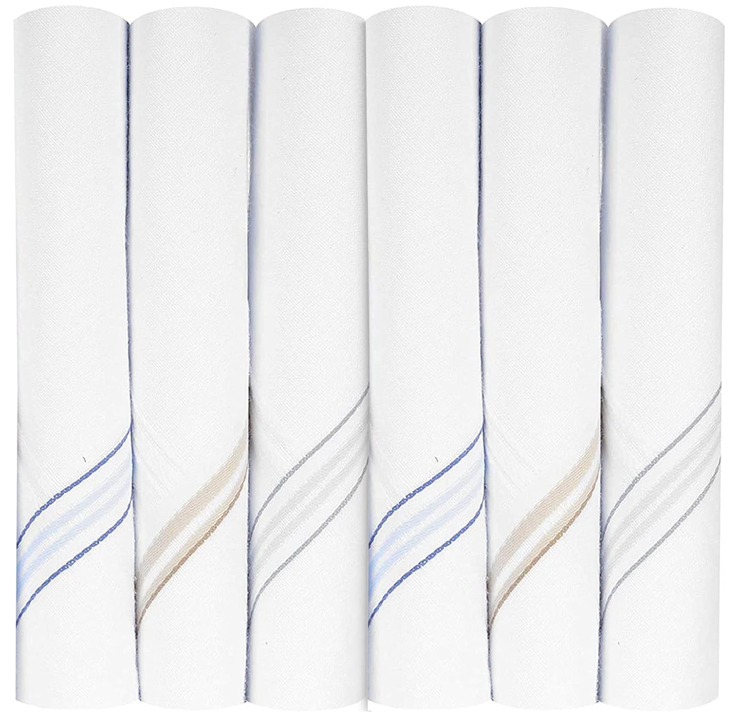 Cotton Premium Collection Casual Style Handkerchiefs Hanky For Men - Pack Of 6. - White with Blue and Beige Striped King Size-image-25
