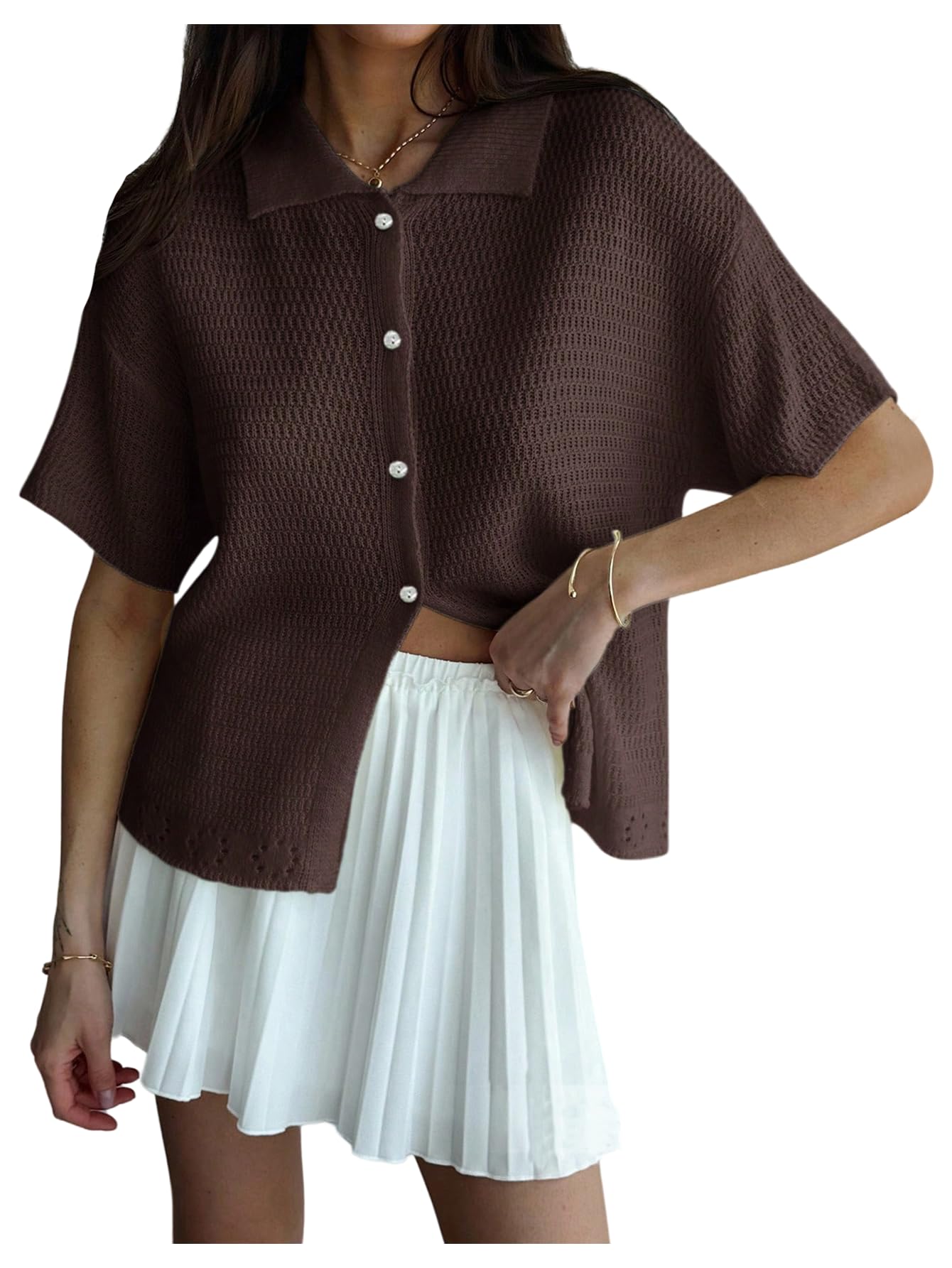 MakeMeChic Womens Half Sleeve Fall Cardigan Button Down Short Sleeve Knitted Sweater