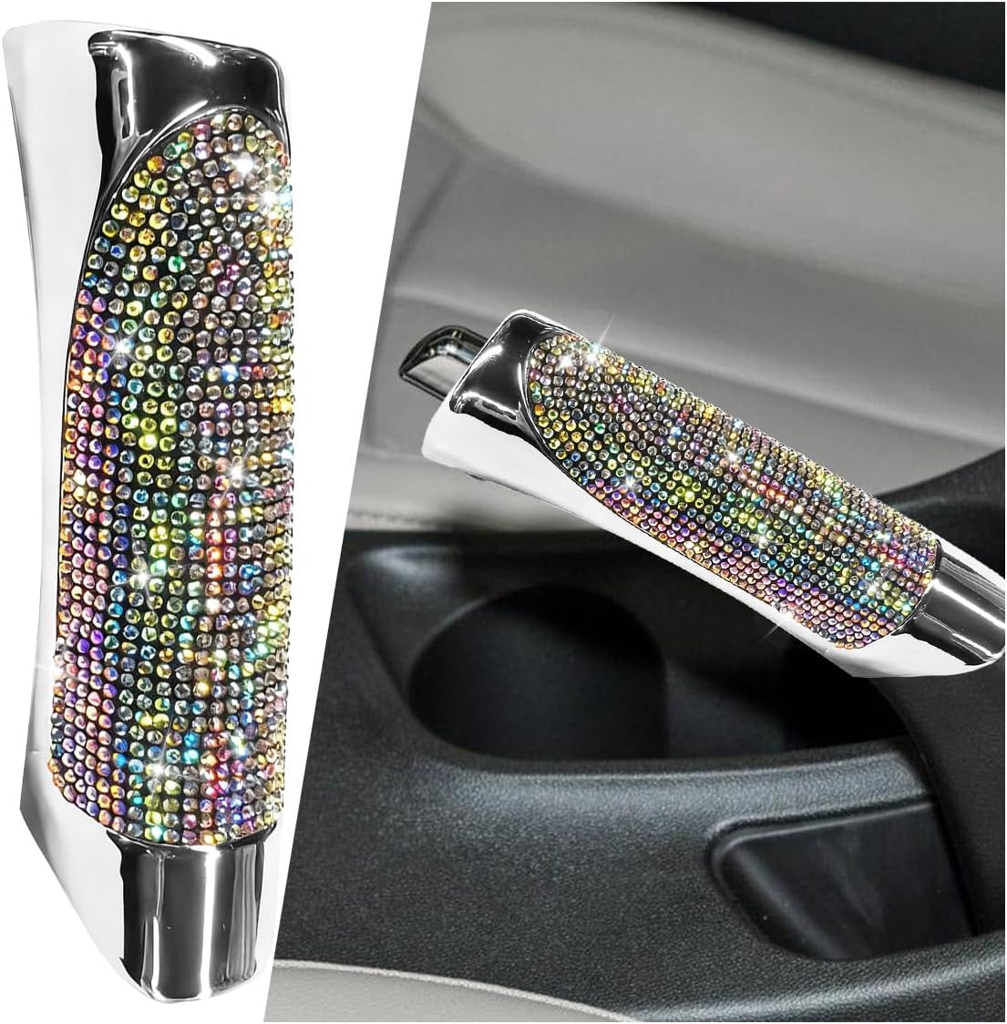 Bling Car Handbrake Cover, ABS Rhinestone Automotive Brake Levers Anti-Scratch Protector, Universal Crystal Vehicle Parking Brake Lever Decoration Accessories for Most Cars (Colorful)