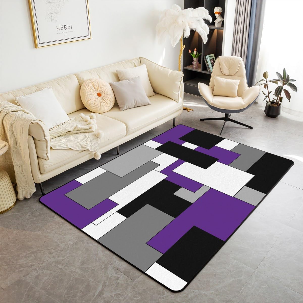 Erosebridal Purple Checkered Area Rug Black White Gray Living Room Rugs,Area Rug 5X7,Modern Abstract Grid Decorative Carpet Geometry Striped Bedroom Decor Indoor Floor Mat