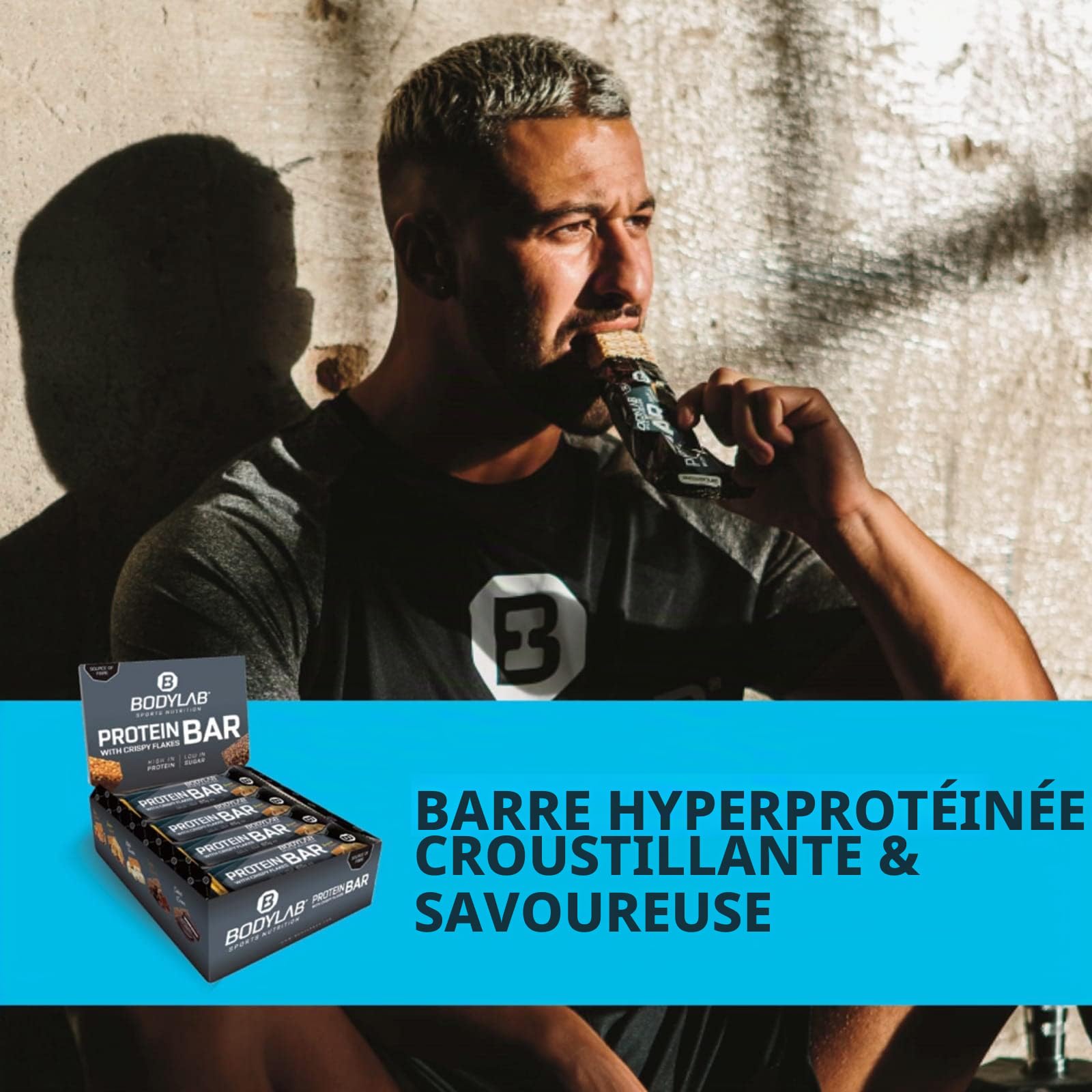 Bodylab24 Crispy Protein Bar Chocolat Crispy 12x65g, barre protéinée avec 27g de protéines par barre, snack fitness pauvre en sucre, barre protéinée croustillante avec beaucoup de fibres