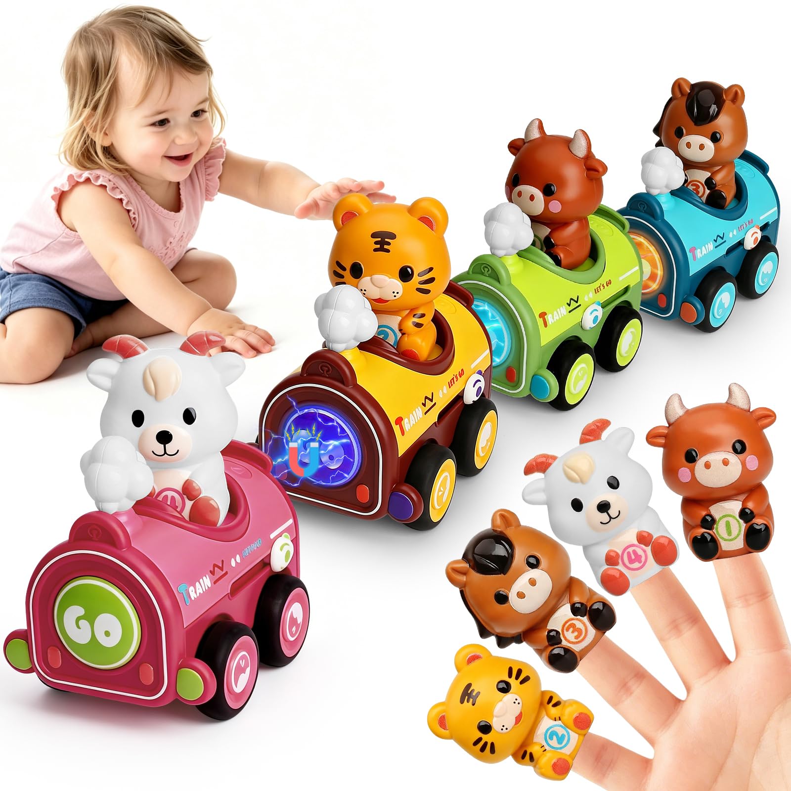 Magnetic Press to Go Car Toys for Toddler 1-3, Baby Animal Train Cars