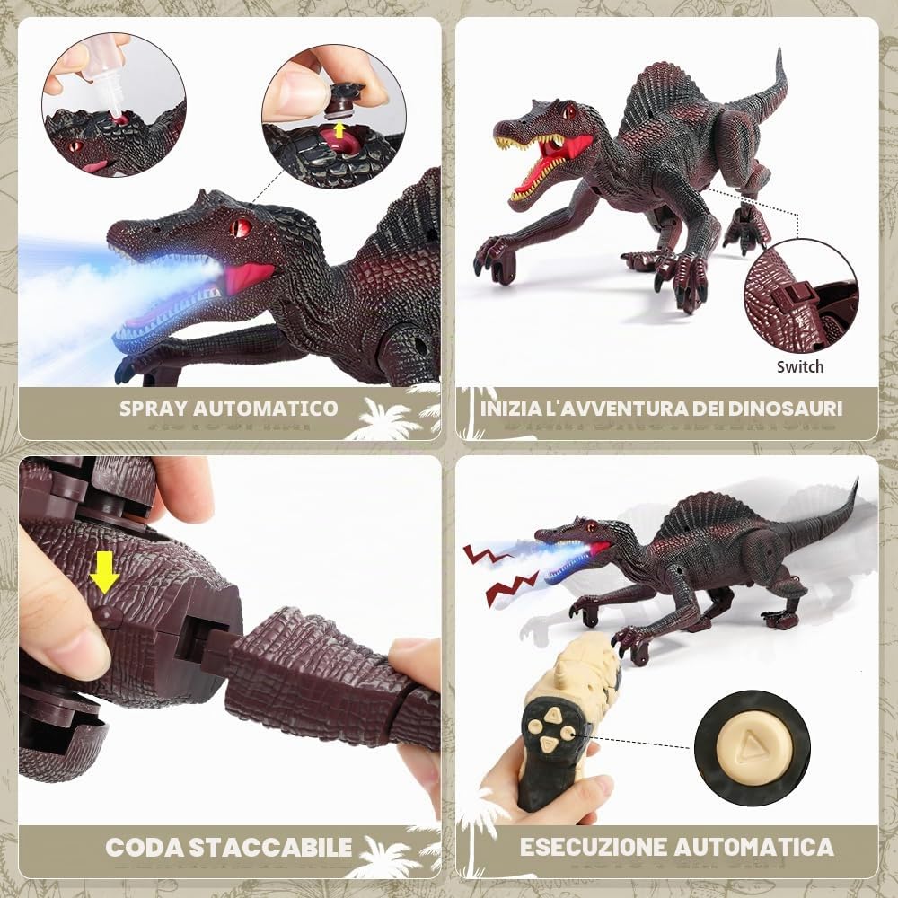 FRUSE Dinosauro Telecomandato Realistici Giocattolo per Bambini, con Tracciamento Luce,Spray,Luce LED,Roaring, per Ragazzi Bambini 3 4 5 6 7 8 (Rosso)