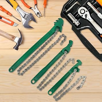 3 PCS Chain Wrench Set, Green Adjustable Chain Oil Filter Wrench (9, 12, 16), Heavy Duty Carbon Steel Pipe Wrench for Automotive Repair & Plumbing