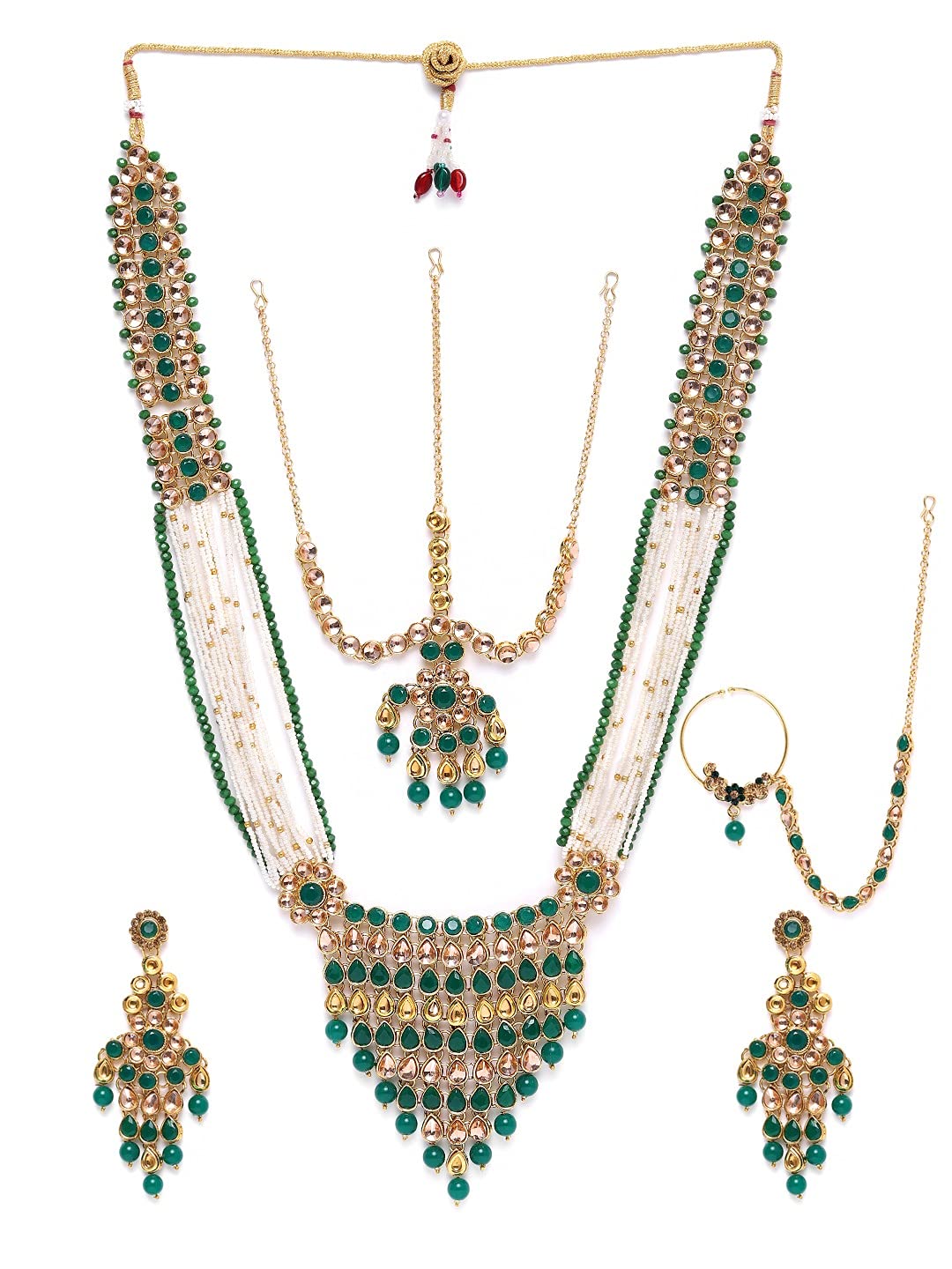 ZAVERI PEARLS Green Multistrand Bridal Necklace Earring Mathapatti & Nosering Set For Women-ZPFK10280 (B093Y6GR9Z) Amazon Price History, Amazon Price Tracker
