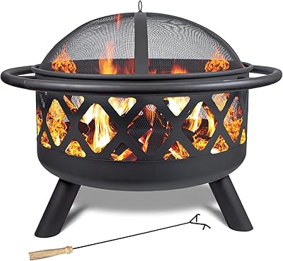 Fire Pits 30'' Outdoor Wood Burning Firepit Bowl with Spark Screen Cover Log Grate Fire Poker Steel Round Fireplace for Outside Camping Bonfire Beach Patio Backyard,Black1