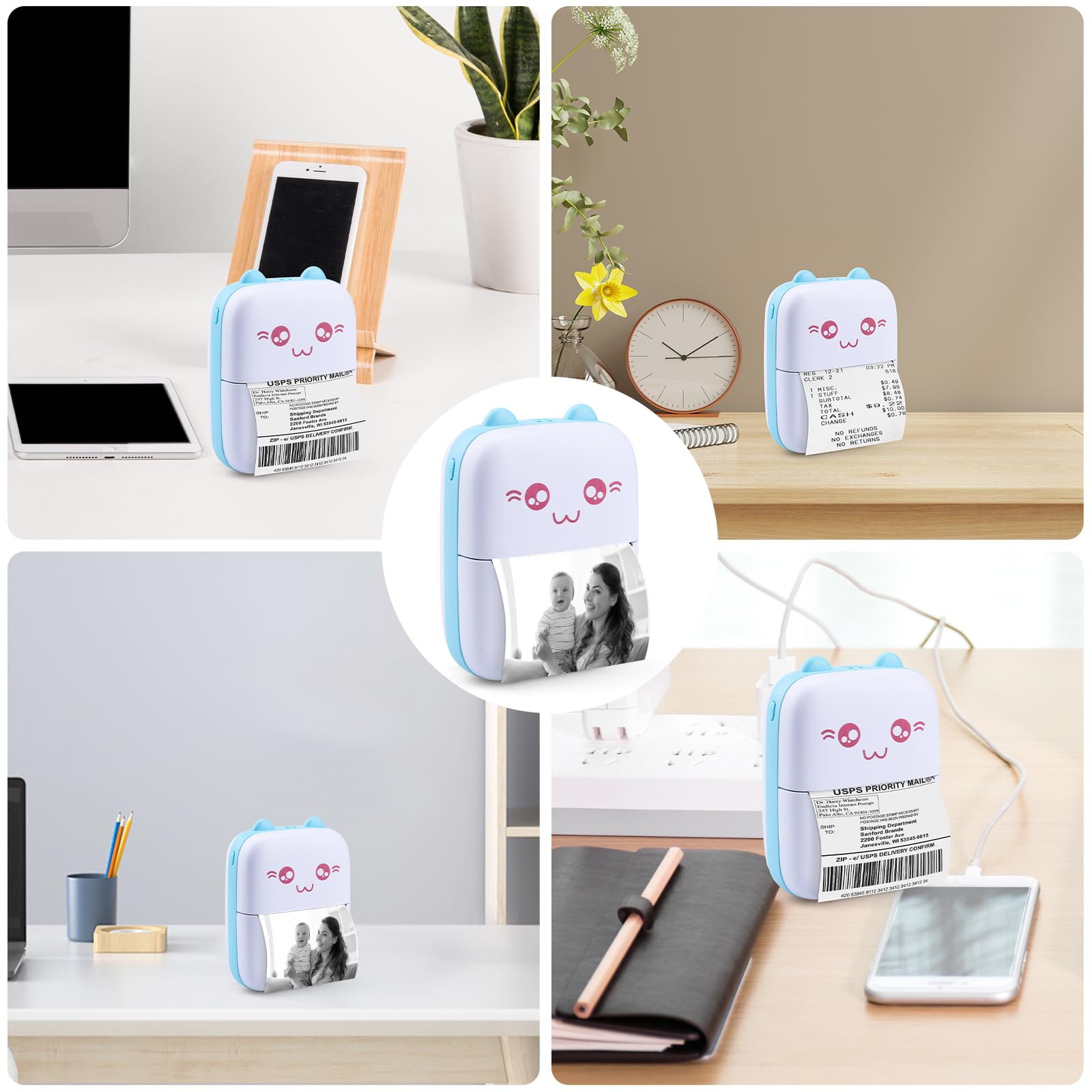 Mini Stampante Fotografica,Mini stampante tascabile,Portatile Termica con 13 Rotoli di Carta Termica,immagine per foto, stampa di ricevute,per Android IOS