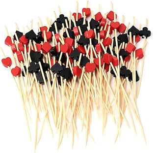 Honbay 100PCS Black and Red Poker Shape Bamboo Cocktail Picks Fruit Food Hamburger Toothpicks Cupcake Toppers Sandwich Appetizer Decorative Skewers Drink Garnish Holiday Casino Party Decoration Sticks