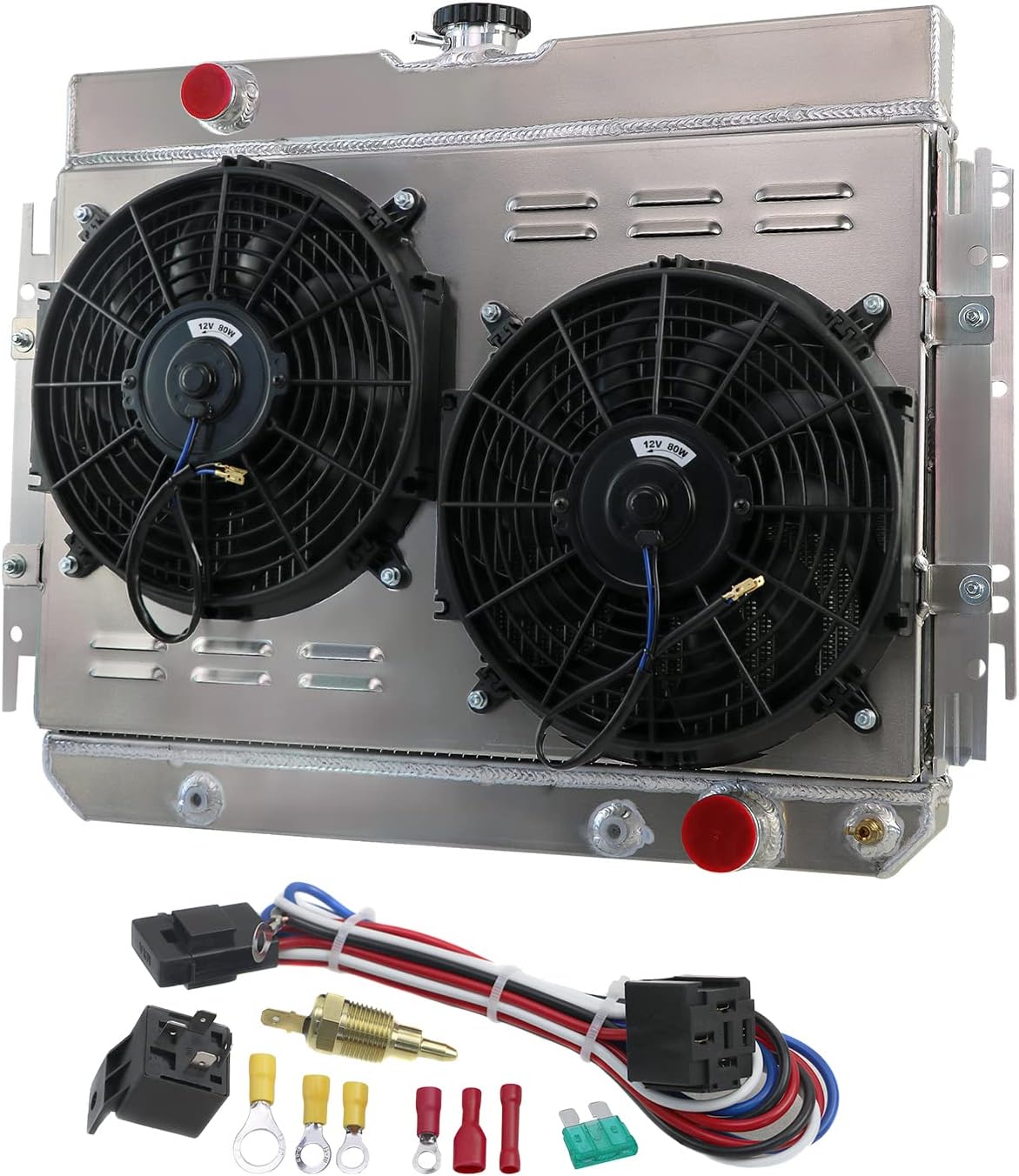 Chevy Bel Air Radiator, Chevy Impala Radiator, Chevy Biscayne Radiator, Aluminum Radiator for 1959-1968 Chevy Impala/Bel Air/Chevelle/Caprice/Biscayne, 4 Row Radiator + Shroud/Fan + Relay