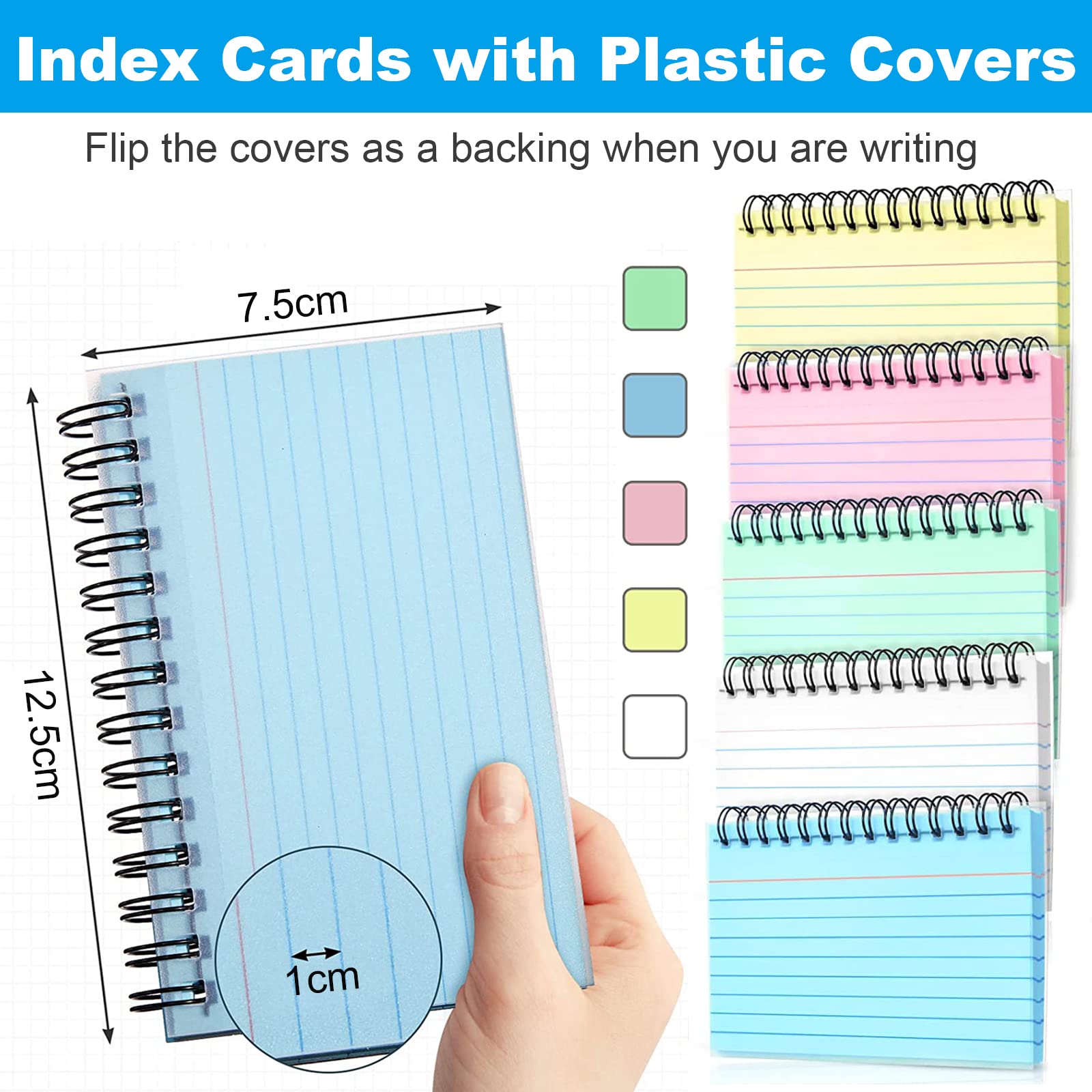 PALUDO 500 Feuilles Fiches Bristol Couleur, 10 Paquets 5 Couleurs Cartes Index Lignées 125 x 75 mm Spirale Flashcards