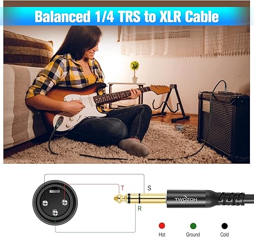 Twozoh Câble XLR Mâle vers TRS 6,35 mm Lot de 2, Cable XLR Jack Stéréo 6.35 mm 2M 2 Pièces (Profesional/Hifi) - 2