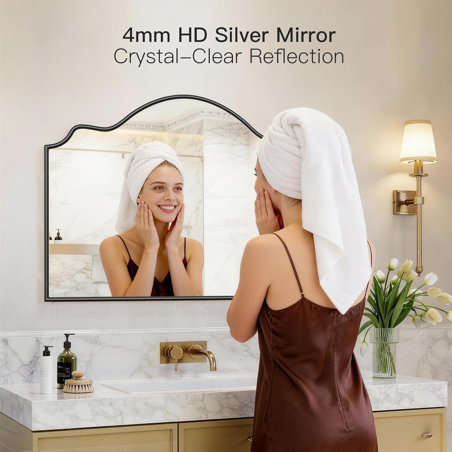 Arched Scalloped Mirror, 36" x 26" Black Arched Mantel Mirror with Rubberwood Frame, Scalloepd Wall Mirrors for Fireplace, Bedroom, Bathroom, Entryway
