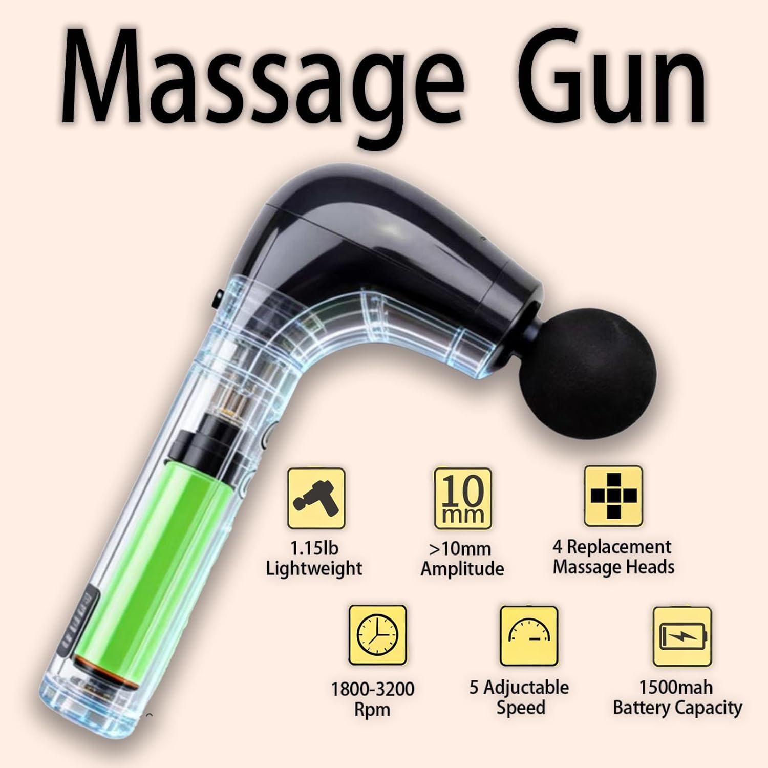 2-in-1 Massage Gun Deep Tissue with 20'' Extension Handle & Stretching Strap, Neck Massager for Pain Relief, Handheld Percussion Massager for Back, Shoulder, Leg, Waist