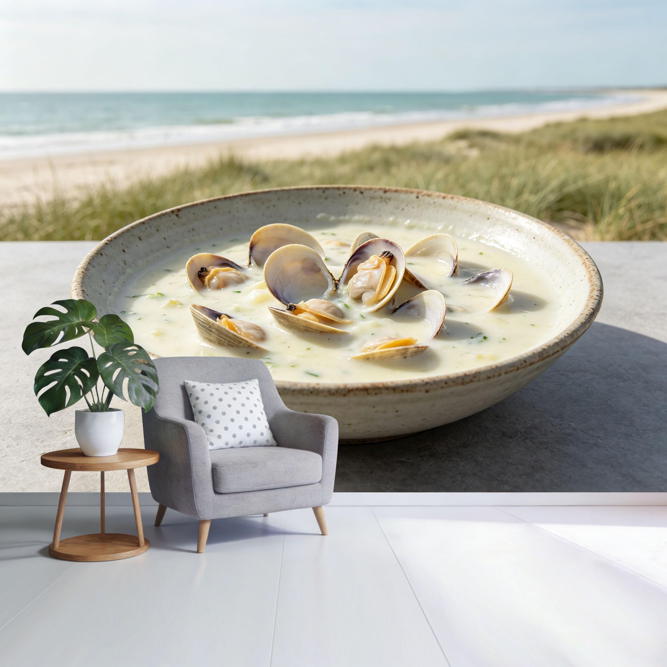Custom Size Wall Mural Coastal Ocean View with Clam Chowder Bowl Seaside Dining Art SelfAdhesive Wall Fabric Removable Wallpaper for Home Office Decor