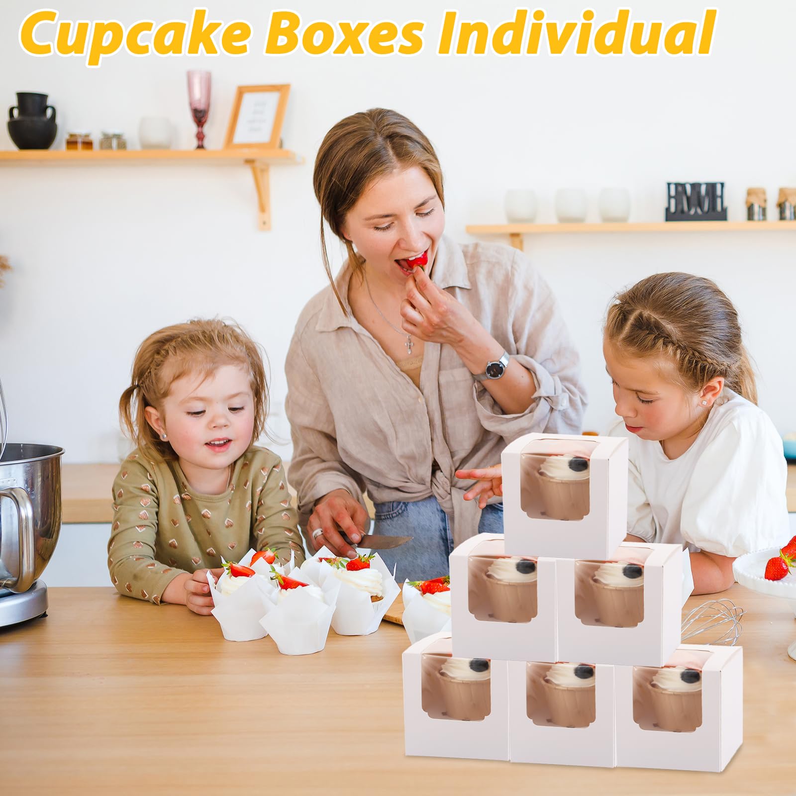 Acrux7 100 scatole singole per cupcake da 8,9 cm, in carta kraft bianca, con coperchio e inserti per muffin, bomba al cacao, festa della mamma, matrimoni, compleanni