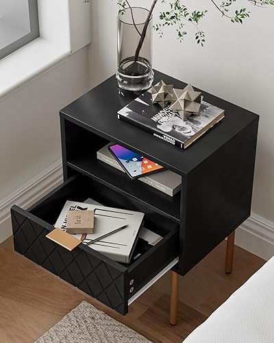 Miniatura 3 de Mesita de noche, mesita de noche pequeña con cajón, mesita de noche blanca, muebles de noche, mesa auxiliar con marco dorado, cómoda con cajón para