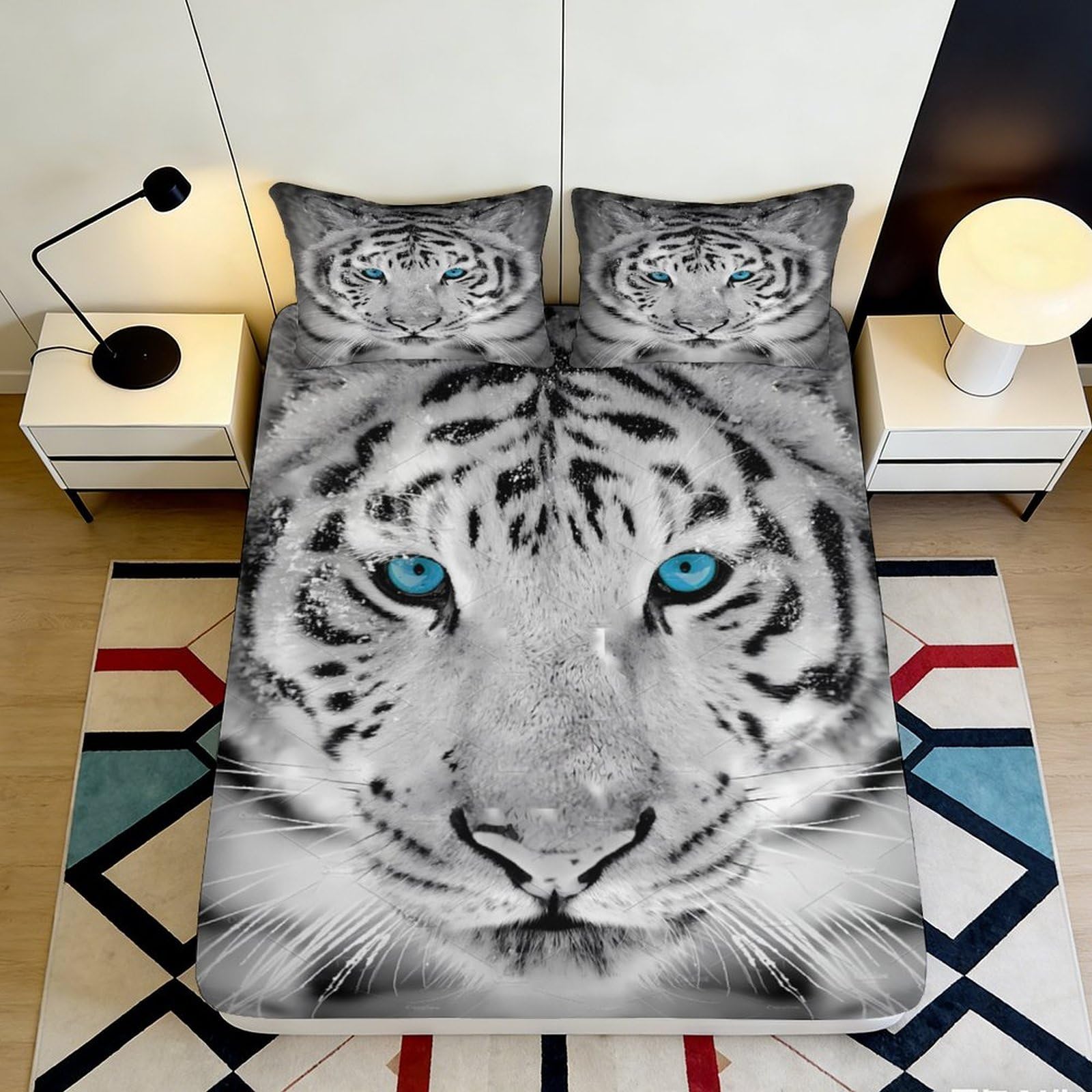 3D Printed White Tiger Fitted Sheet Microfiber Soft Breathable Blue Eyes Bed Cover for Bedroom Dorm Mattress Decor 90x200x25cm
