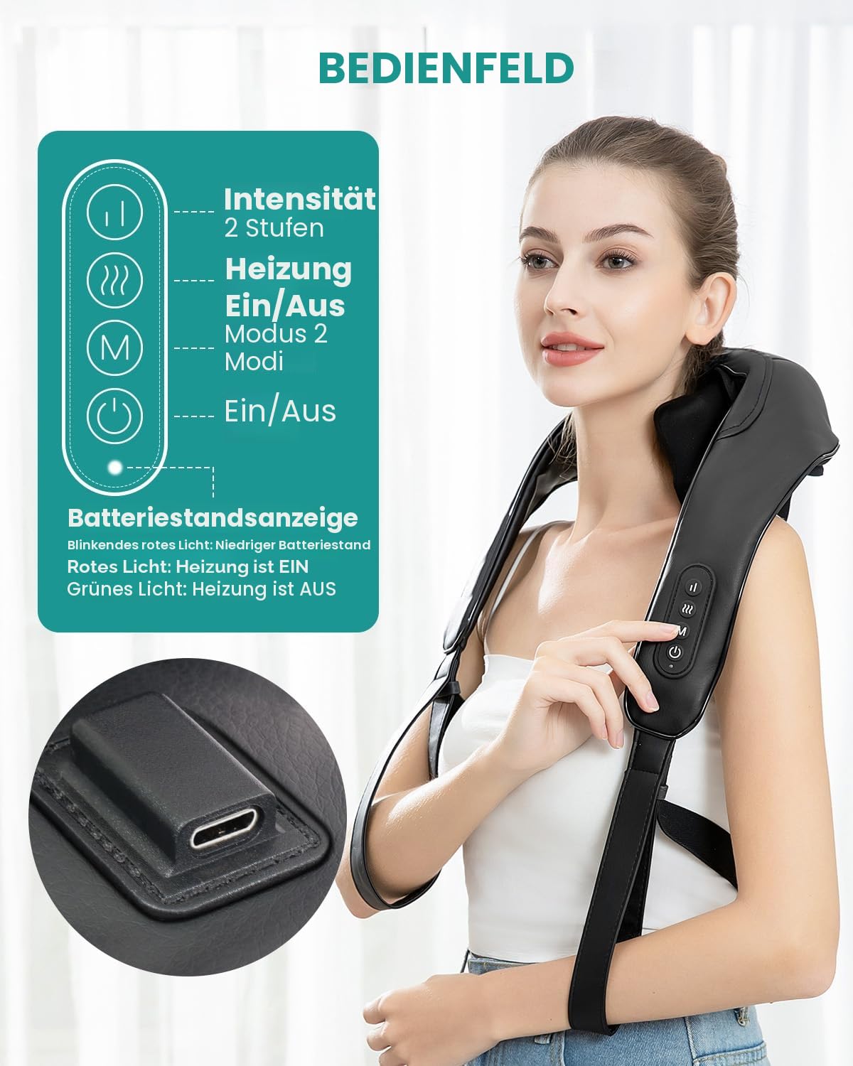 Nekteck Nackenmassagegeräte kabellos, Schultermassagegerät mit Wärme, 6D Tiefengewebe Shiatsu Elektrische Rückenmassagegeräte für Muskelschmerzen für Zuhause, Büro und Auto, Schwarz