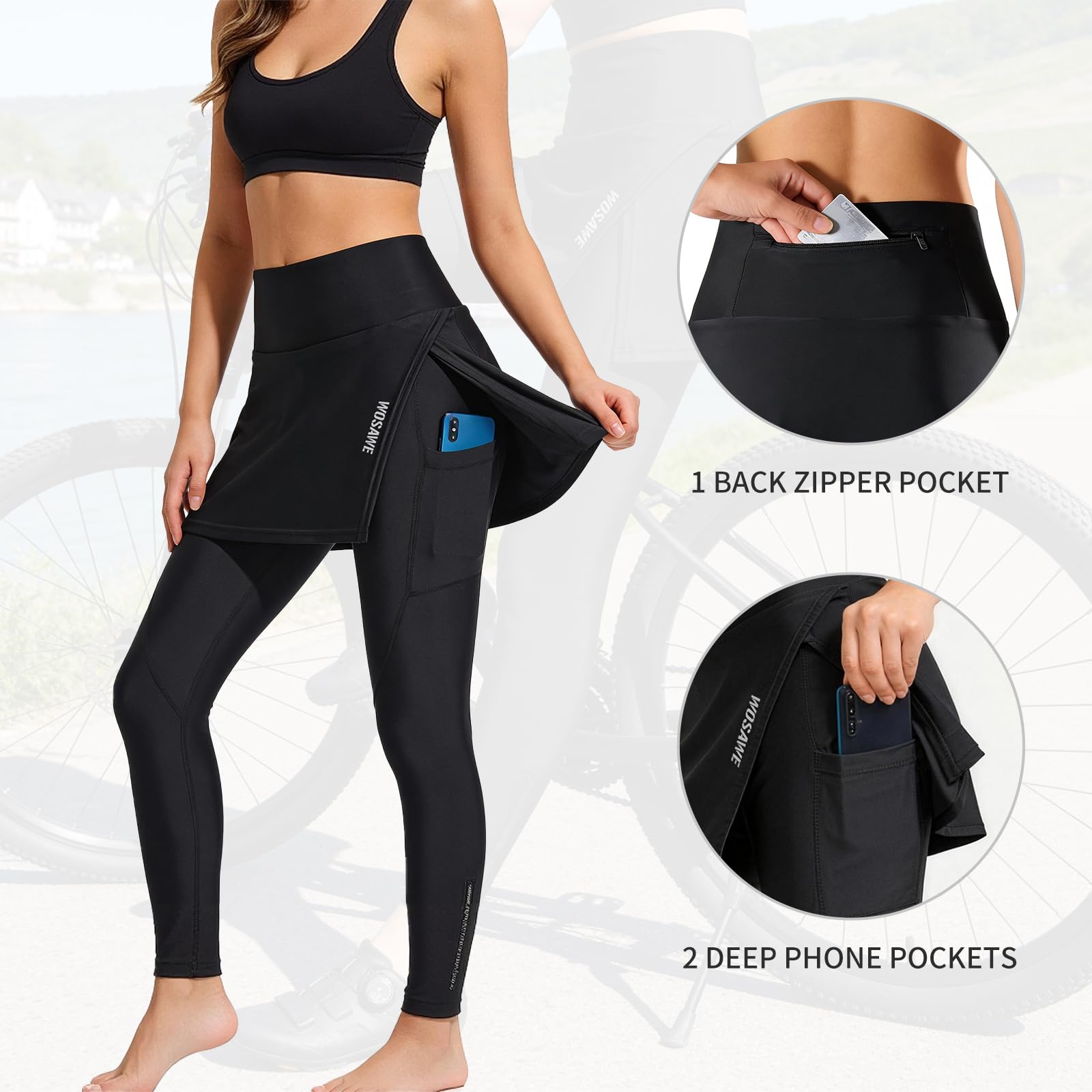 WOSAWE Pantalon de Cyclisme Longues pour Femme Respirant Elastique Leggings à Jupe Bicyclette Collants de Vélo 4D Rembourrés