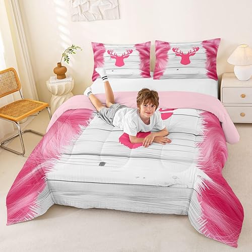 Miniatura 3 de Lindo juego de edredón de ciervo, edredón de piel de vaca para niños y adolescentes, juego de ropa de cama de grano de madera de vaquero rosa,