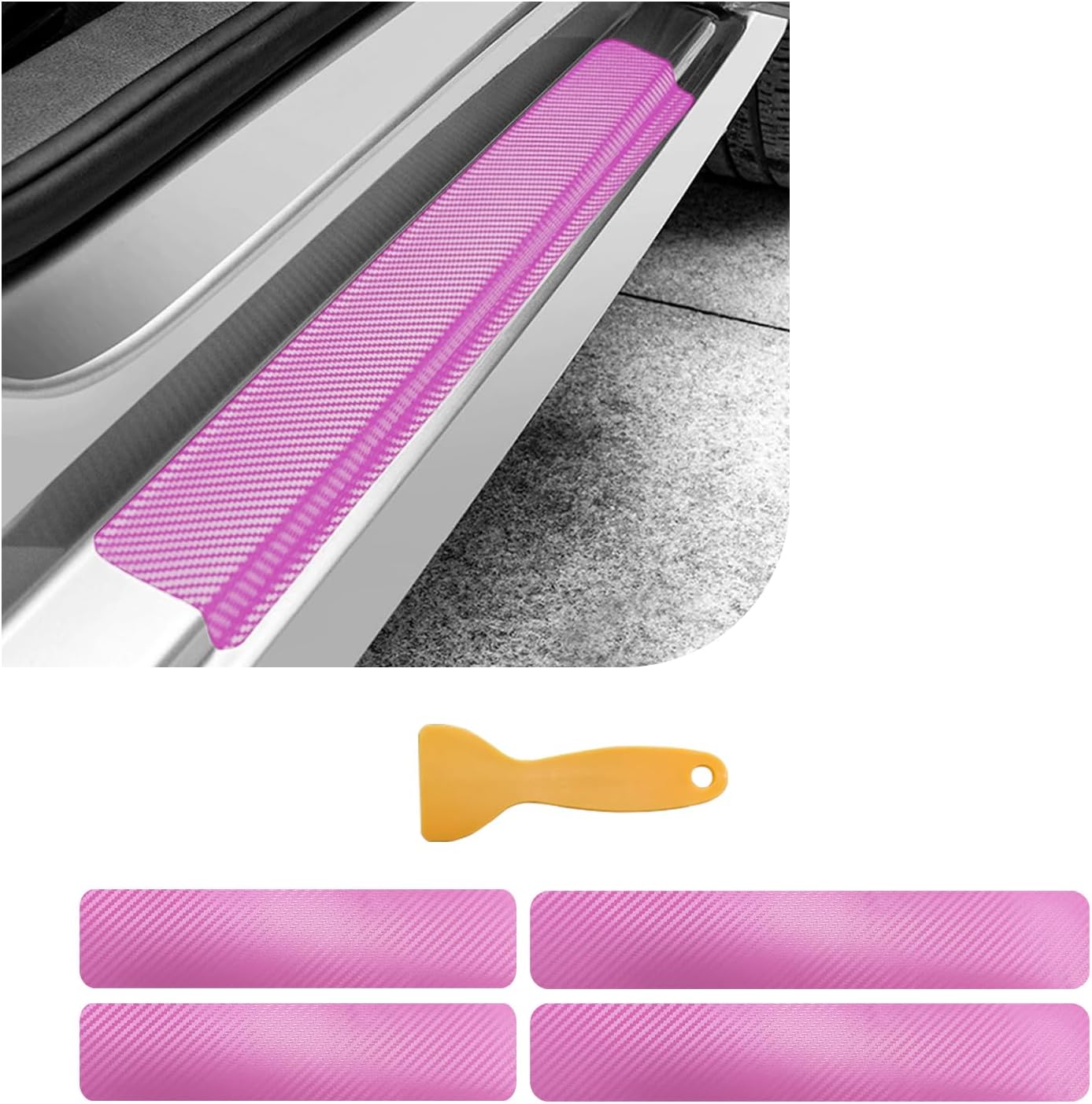 Dickno 4 PCS Car Door Sill Protector, 3D Carbon Fiber Auto Door Entry Edge Guard Protection Trim, Anti-Scratch Threshold Cover Strips, Sill Protection Sticker for Car SUV Truck (Pink)